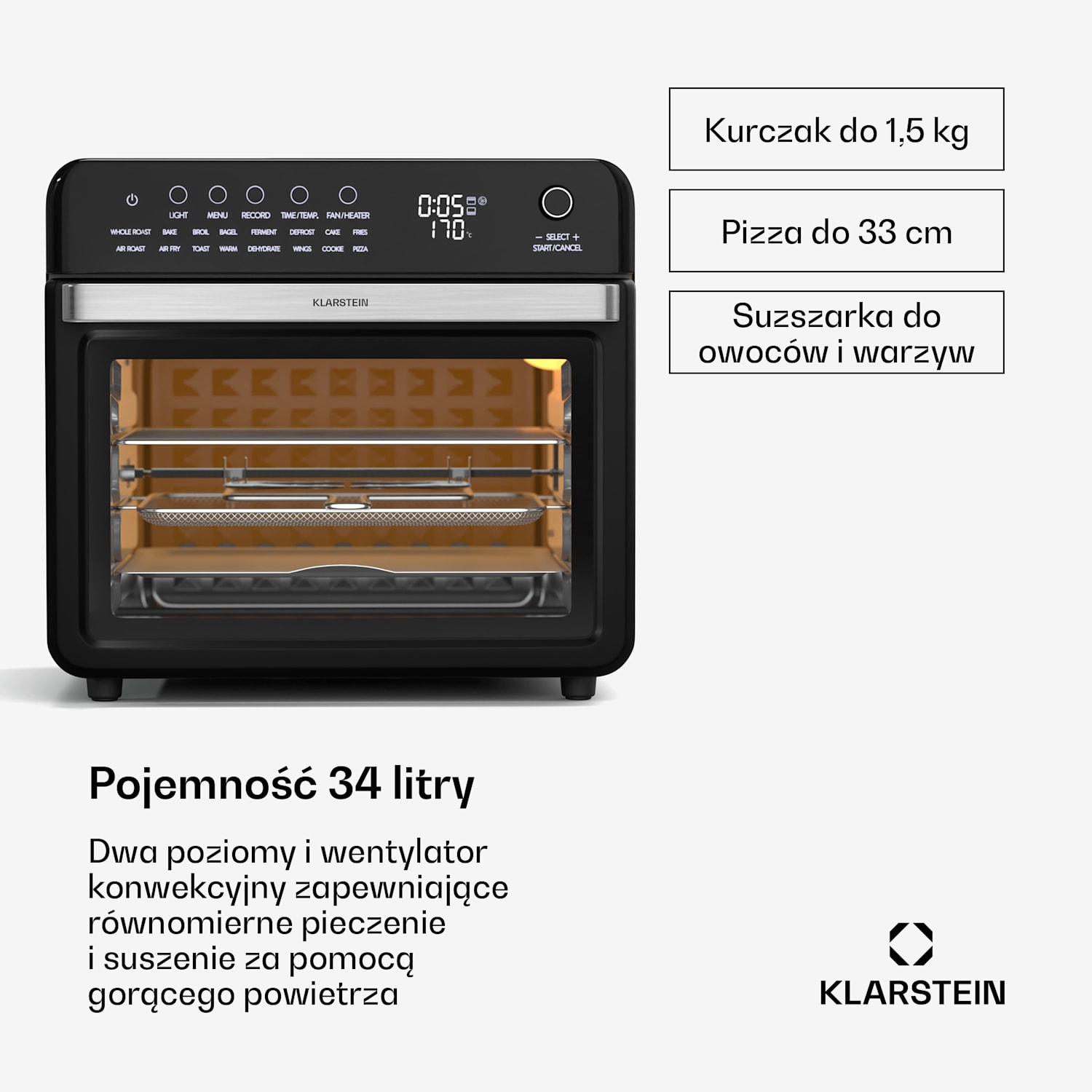 Cyfrowa frytownica na gorące powietrze Air Glaze, 2100 W, 16 programów, aplikacja, 34 litry, z zestawem akcesoriów cyfrowe | Czarny