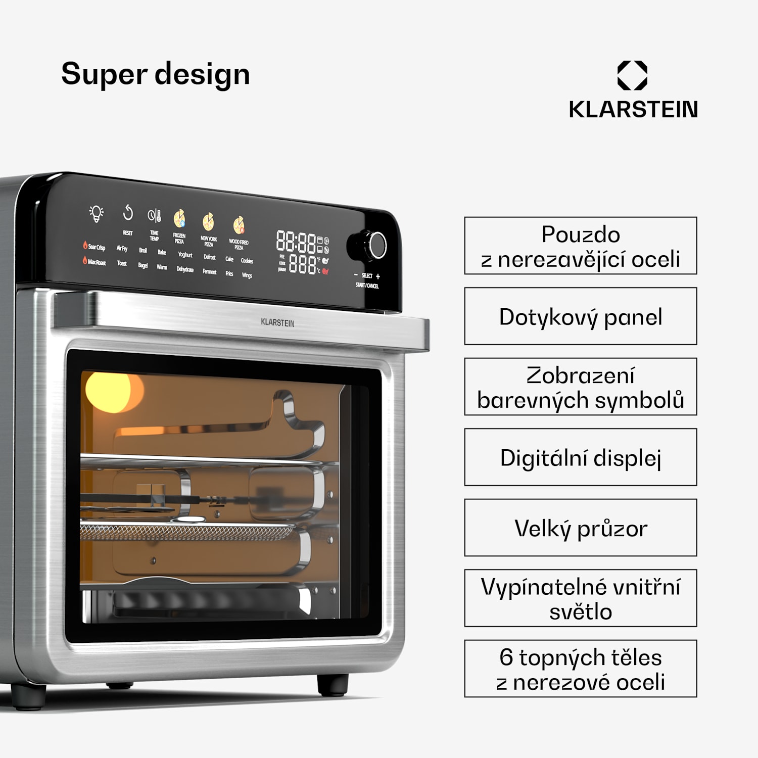 AirGlaze Digitální horkovzdušná fritéza, 2200 W, 19 programů, včetně příslušenství, které lze mýt v myčce nádobí Digitální s barevnými ikonami | Nerezová ocel