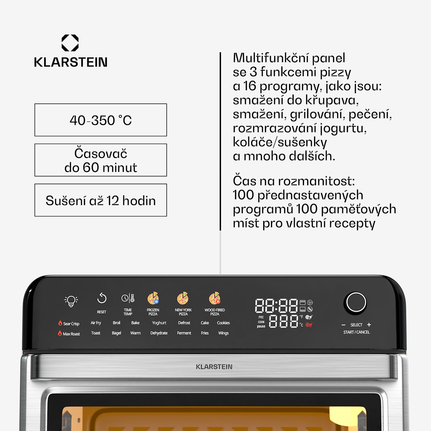 AirGlaze Digitální horkovzdušná fritéza, 2200 W, 19 programů, včetně příslušenství, které lze mýt v myčce nádobí Digitální s barevnými ikonami | Nerezová ocel