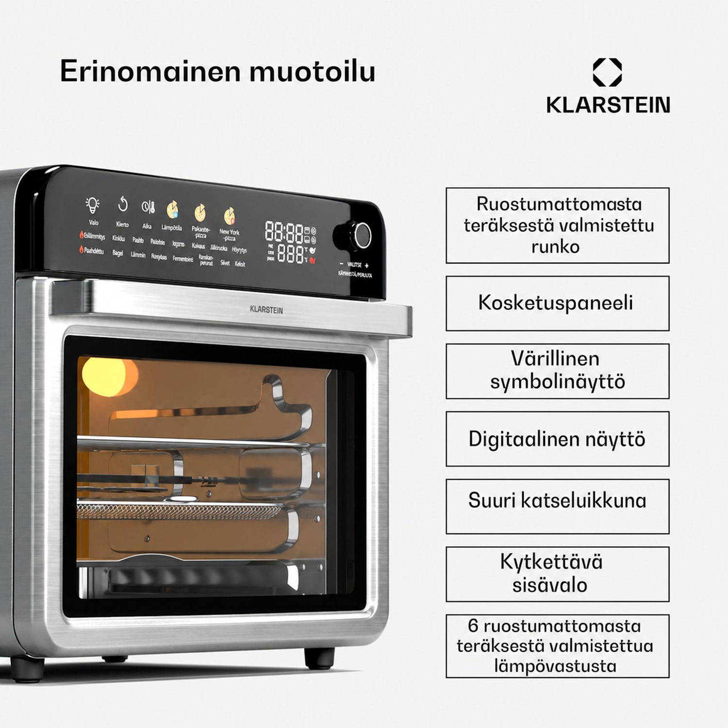 AirGlaze Digital kuumailmakeitin | 2000 W | 16 ohjelmaa | sis. astianpesukoneen kestävät lisävarusteet Digitaalinen värillisillä kuvakkeilla | Ruostumaton Teräs