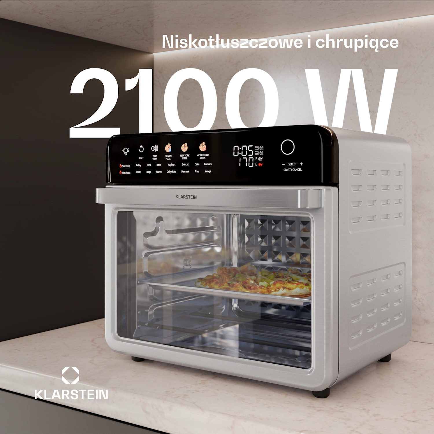 AirGlaze Digital cyfrowa frytownica na gorące powietrze, 2200 W, 19 programów, z akcesoriami, które można myć w zmywarce Cyfrowy z kolorowymi ikonami | Stal nierdzewna