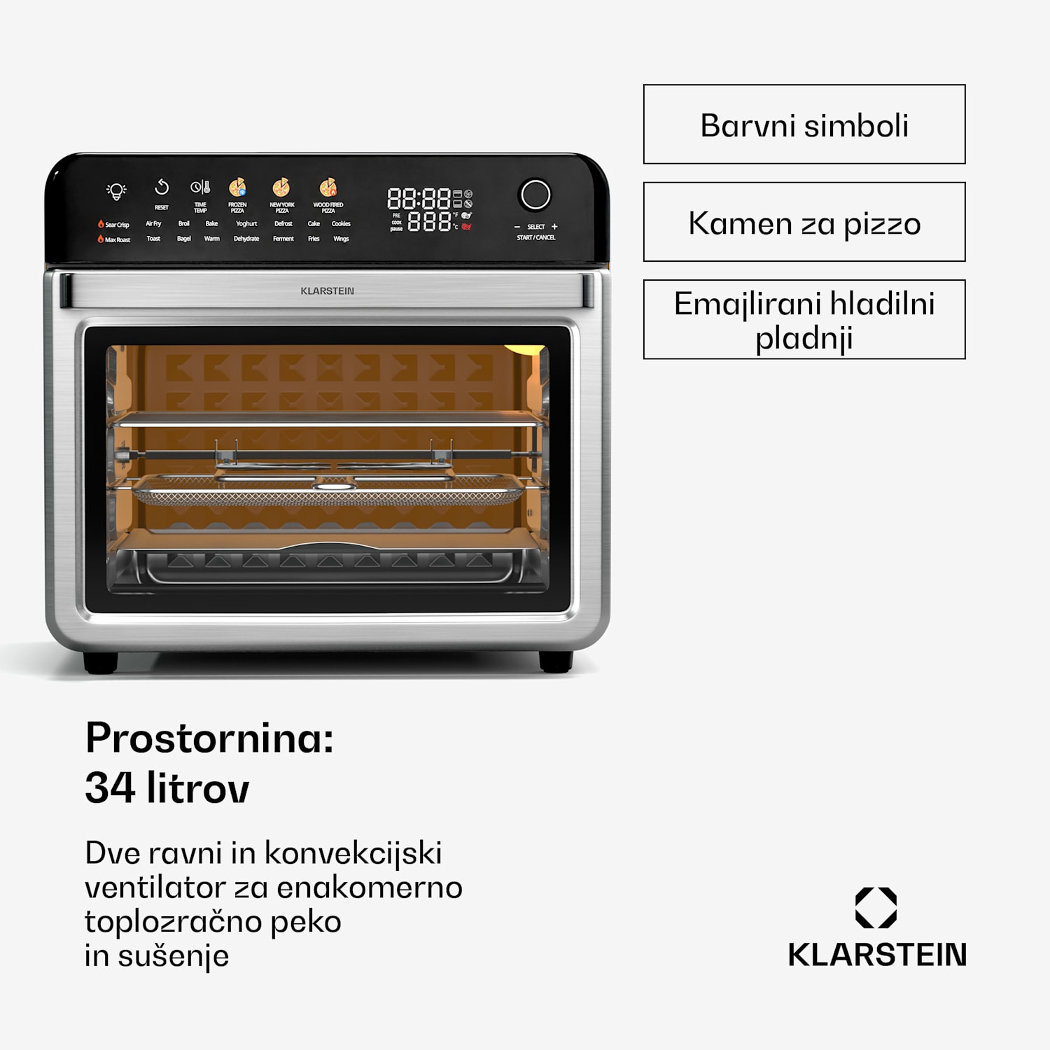 AirGlaze Digital friteza na vroč zrak, 2200 W, 19 programov, vključno s pripomočki, ki jih je mogoče pomivati v pomivalnem stroju Digitalno z barvnimi ikonami | Nerjaveče jeklo