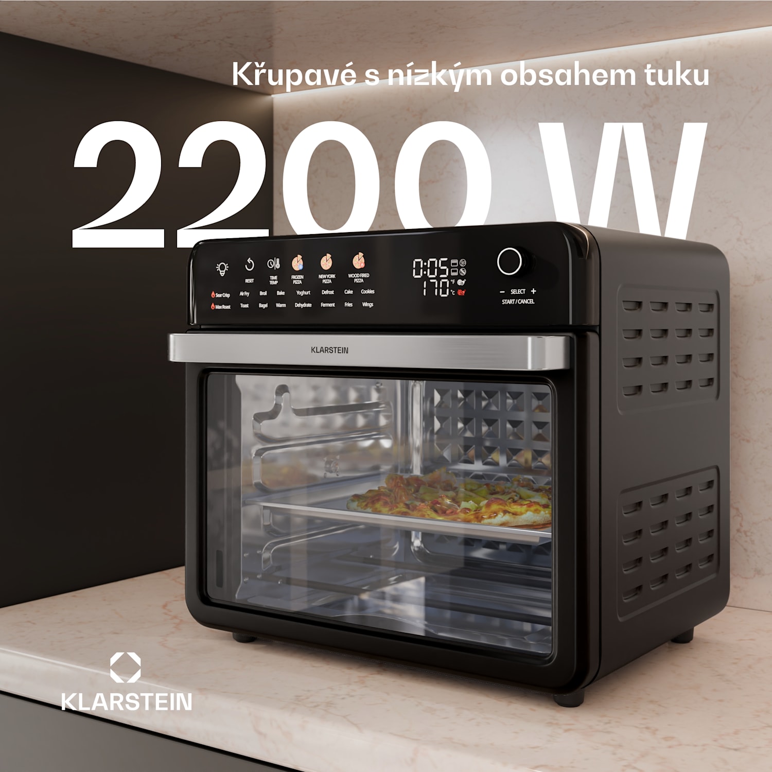 AirGlaze Digitální horkovzdušná fritéza, 2200 W, 19 programů, včetně příslušenství, které lze mýt v myčce nádobí Digitální s barevnými ikonami | Černá