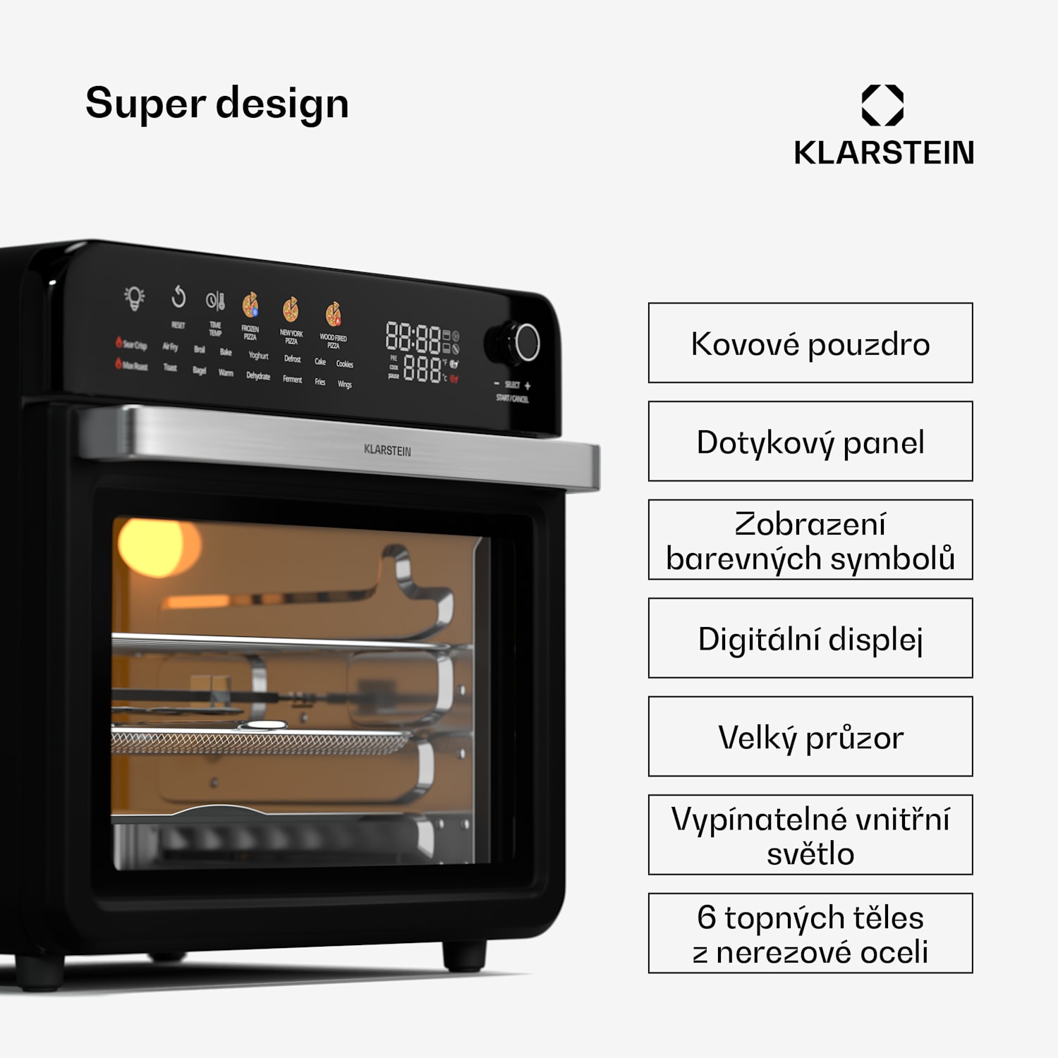 AirGlaze Digitální horkovzdušná fritéza, 2200 W, 19 programů, včetně příslušenství, které lze mýt v myčce nádobí Digitální s barevnými ikonami | Černá