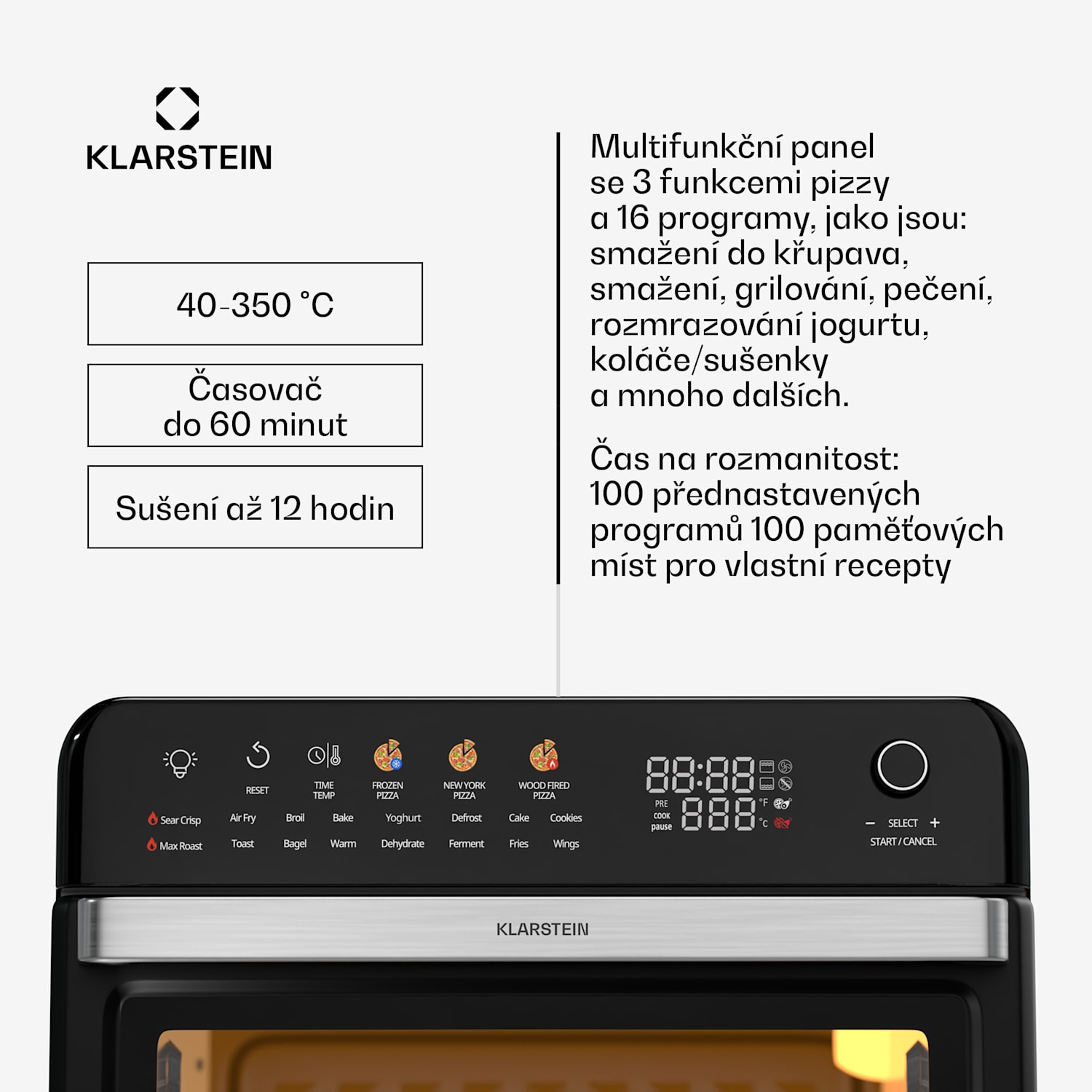 AirGlaze Digitální horkovzdušná fritéza, 2200 W, 19 programů, včetně příslušenství, které lze mýt v myčce nádobí Digitální s barevnými ikonami | Černá