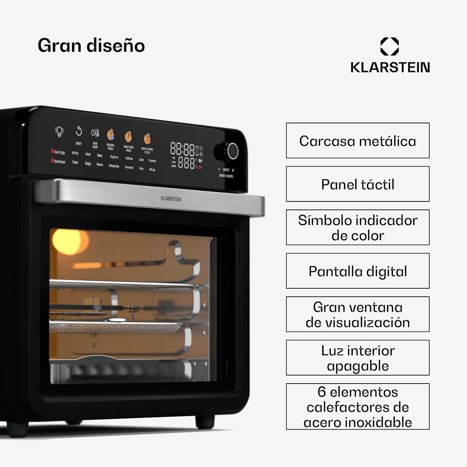 AirGlaze Digital Hot freidora de aire | 2200 W | 19 programas | incl. accesorios aptos para lavavajillas Digital con iconos de colores | Negro