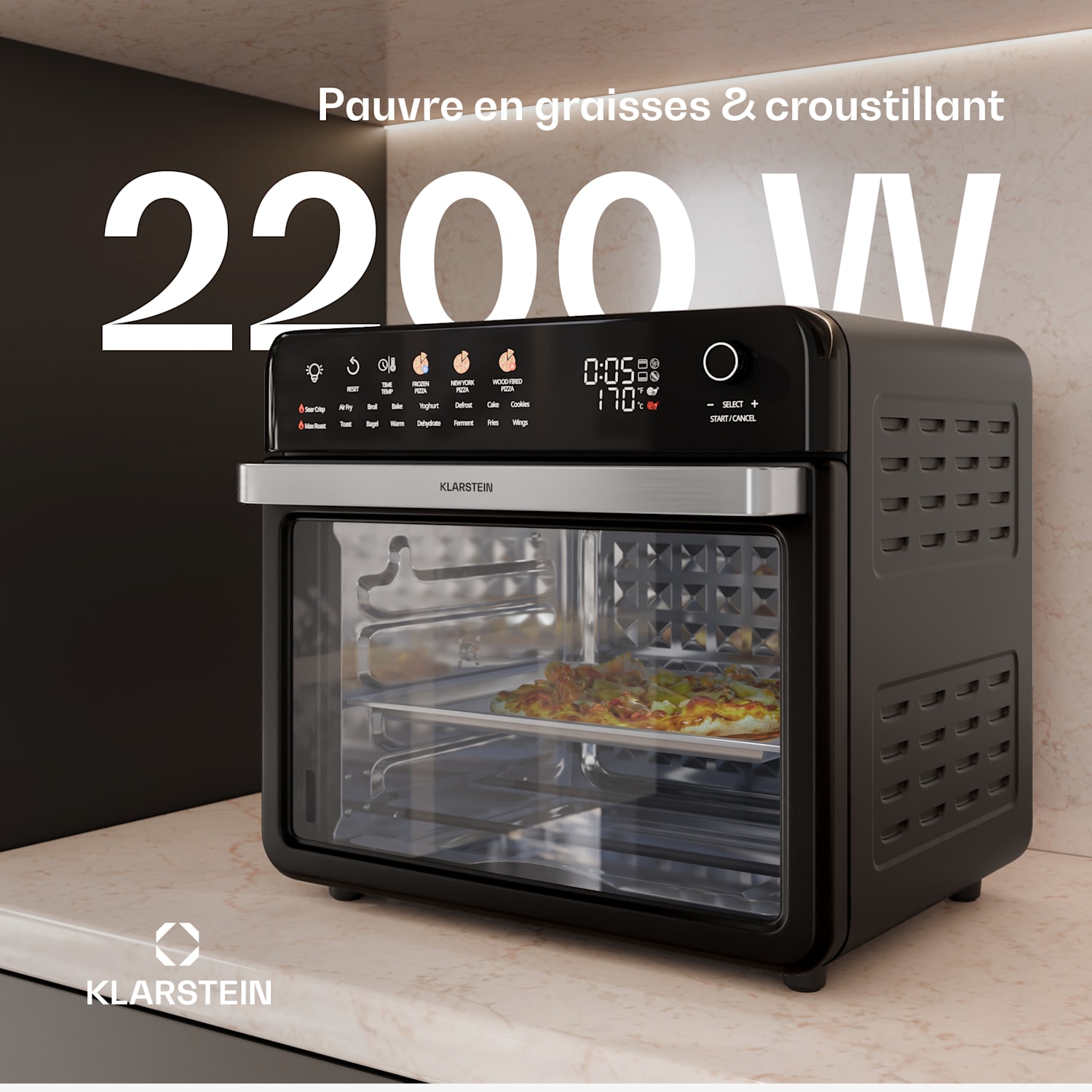 Air Glaze Digital heteluchtfriteuse | 2200 W | 19 programma's | inclusief vaatwasserbestendige accessoires Digitaal met gekleurde pictogrammen | Zwart