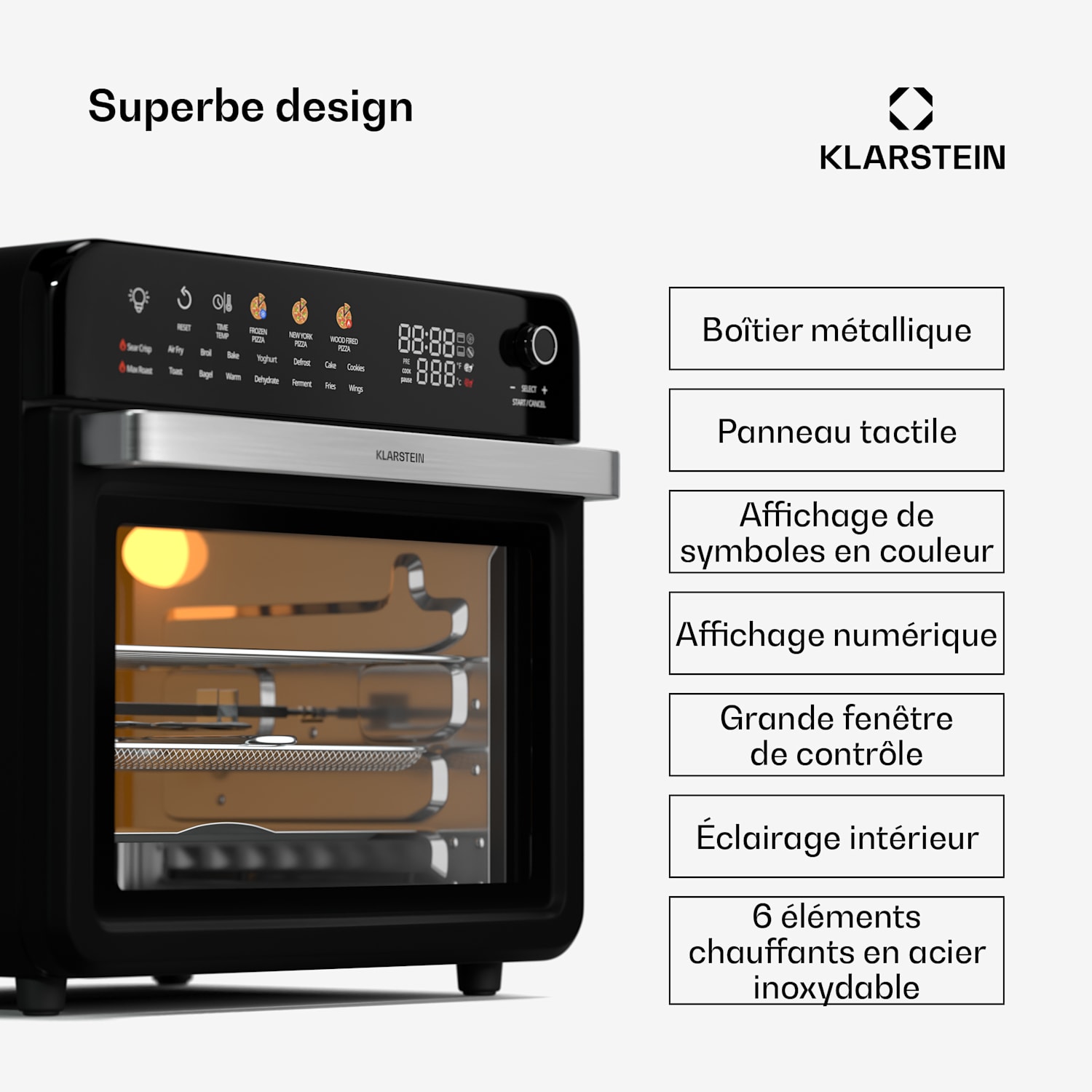 Air Glaze Digital heteluchtfriteuse | 2200 W | 19 programma's | inclusief vaatwasserbestendige accessoires Digitaal met gekleurde pictogrammen | Zwart