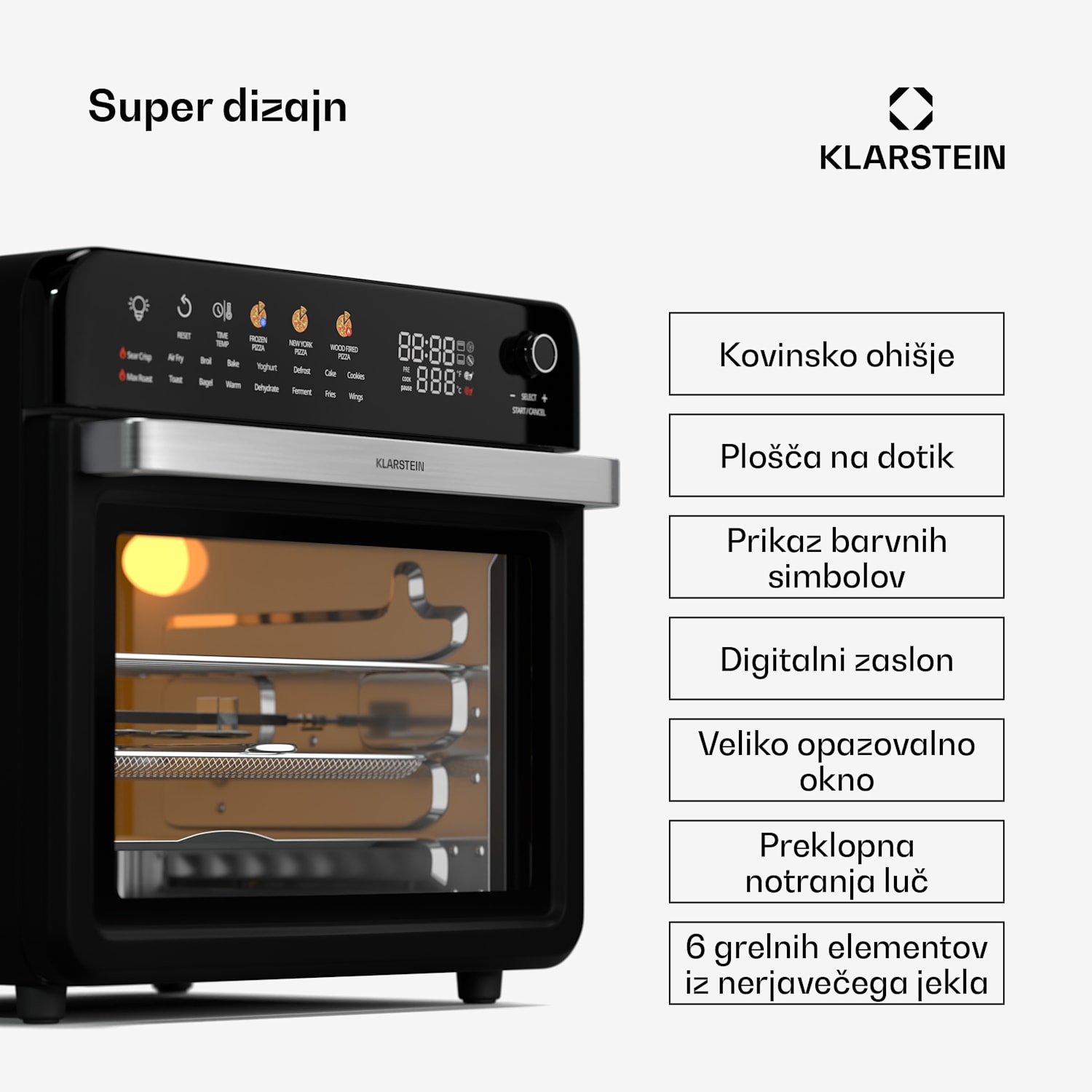 AirGlaze Digital friteza na vroč zrak, 2200 W, 19 programov, vključno s pripomočki, ki jih je mogoče pomivati v pomivalnem stroju Digitalno z barvnimi ikonami | Črna