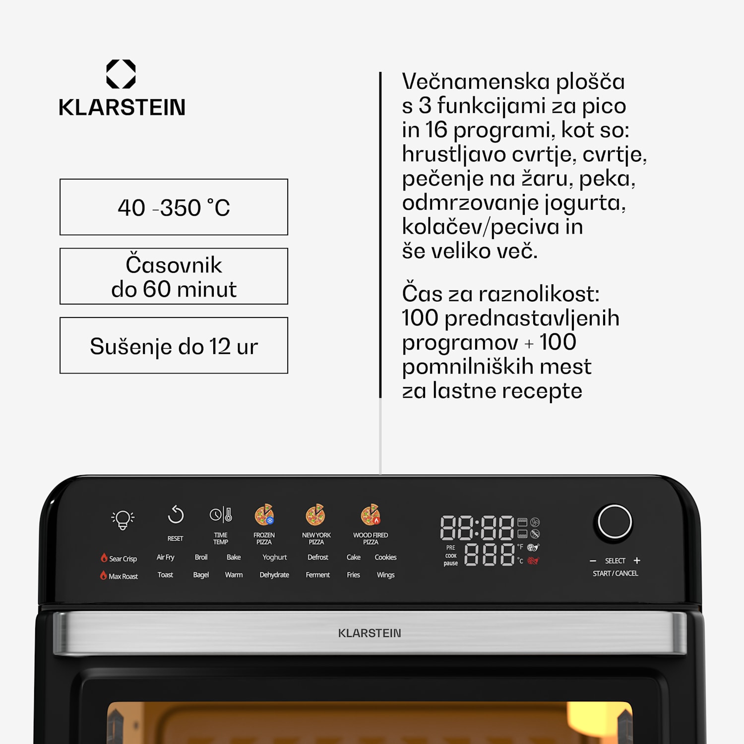 AirGlaze Digital friteza na vroč zrak, 2200 W, 19 programov, vključno s pripomočki, ki jih je mogoče pomivati v pomivalnem stroju Digitalno z barvnimi ikonami | Črna