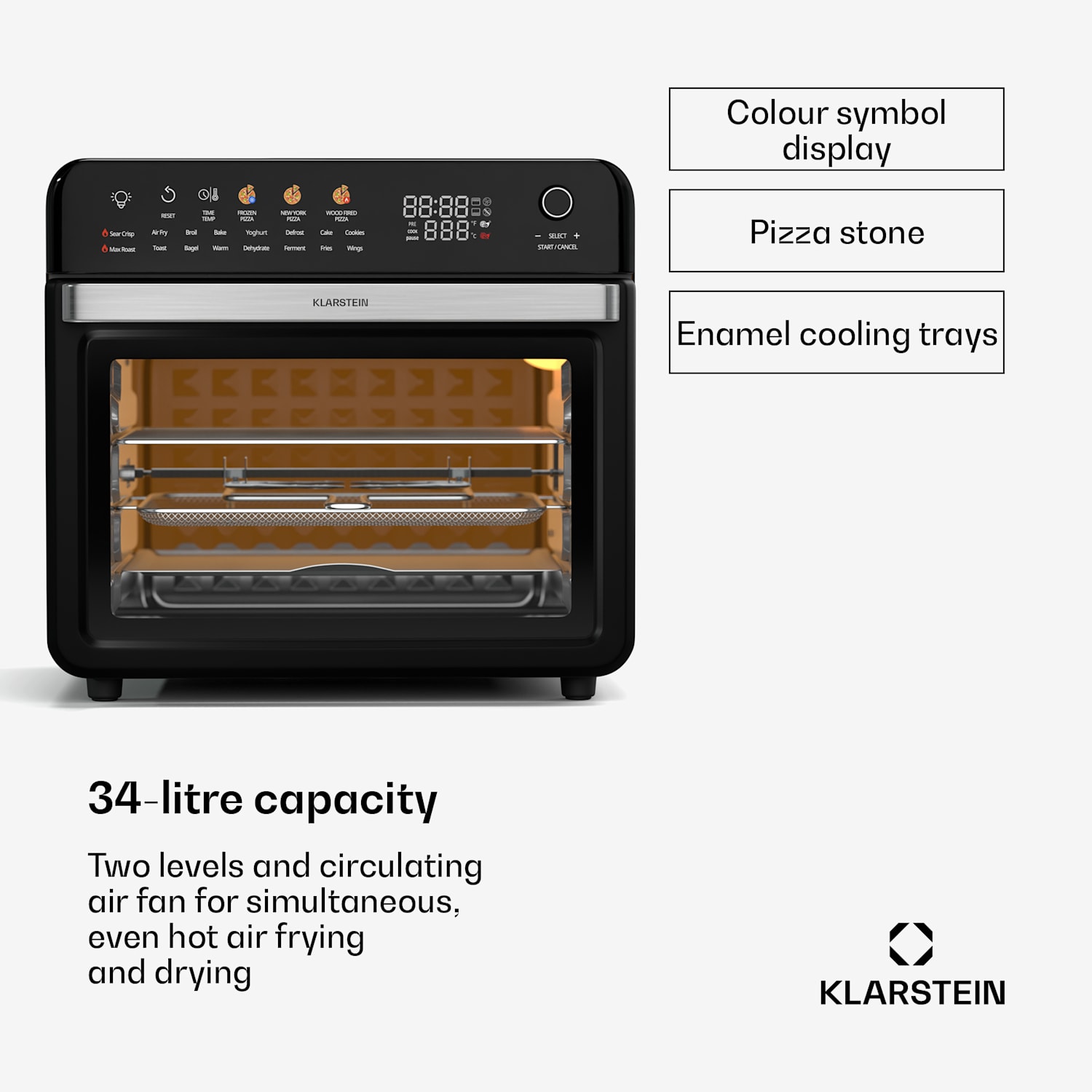 Air Glaze Digital heteluchtfriteuse | 2200 W | 19 programma's | inclusief vaatwasserbestendige accessoires Digitaal met gekleurde pictogrammen | Zwart