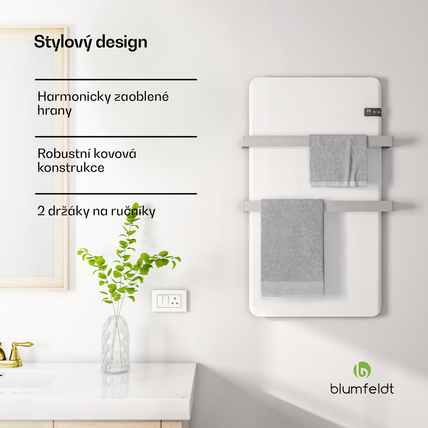 Inteligentní infračervený ohřívač, ohřívač ručníků, výkon 500 W, IP24 Bílá