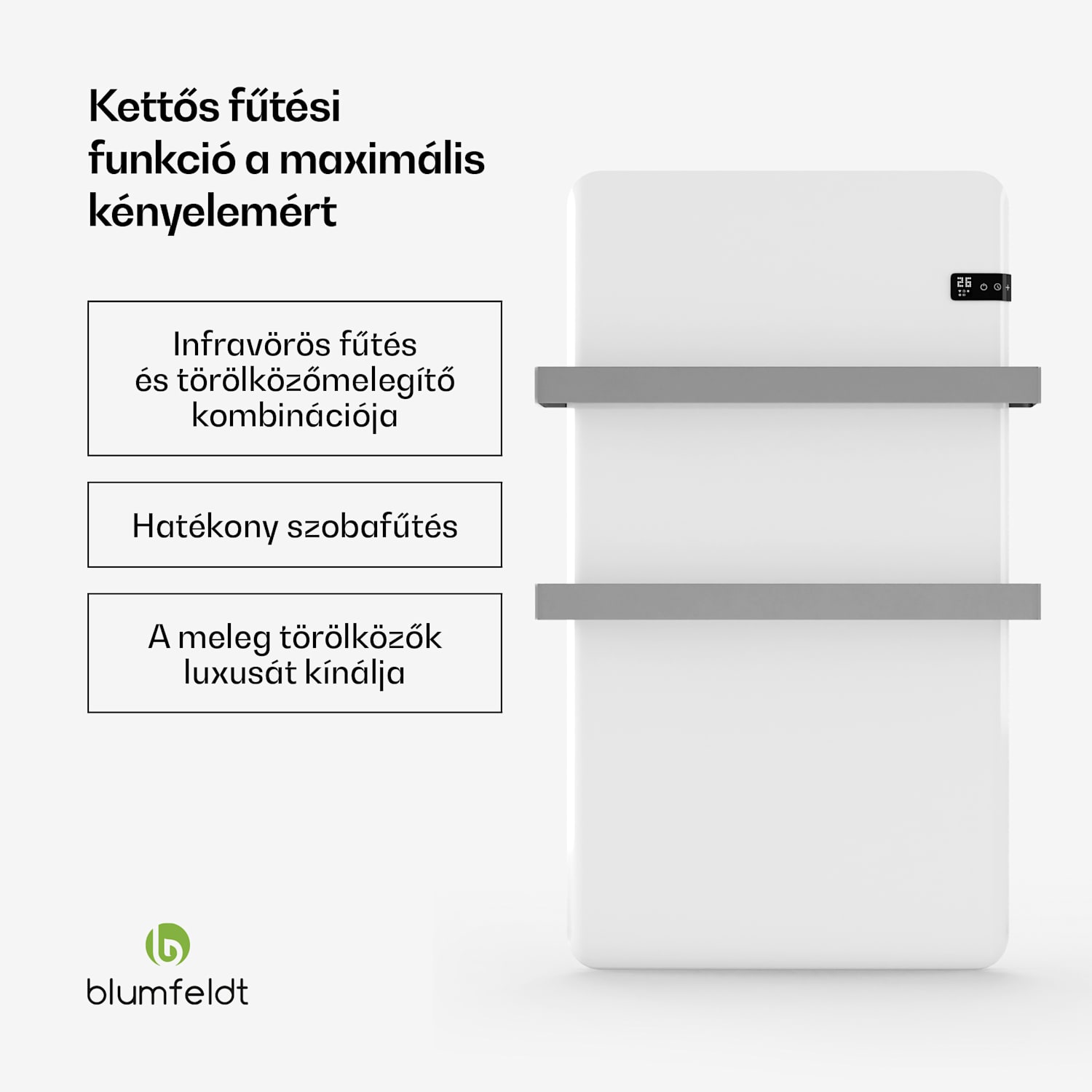 Intelligens infravörös hősugárzó, törölközőmelegítő, 500 W teljesítmény, IP24 Fehér