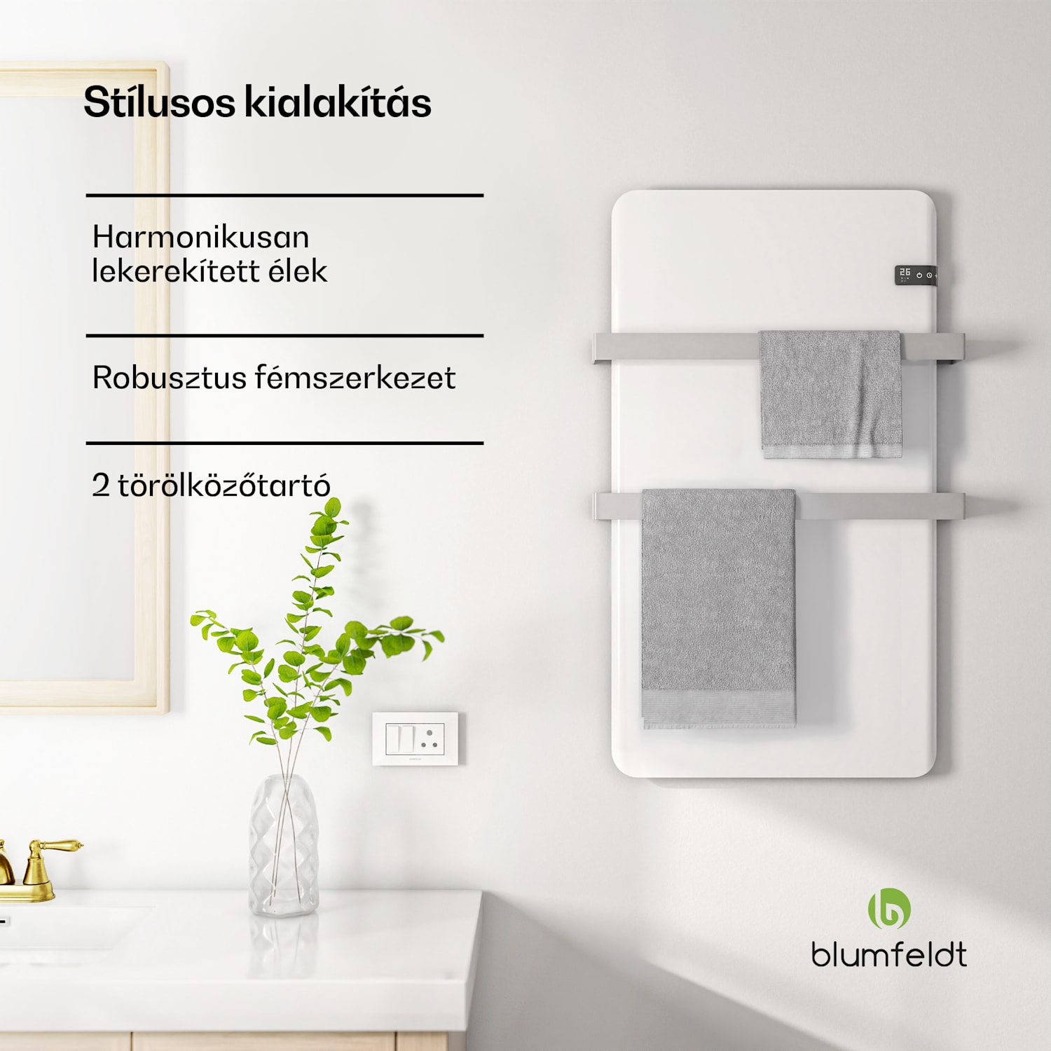 Intelligens infravörös hősugárzó, törölközőmelegítő, 500 W teljesítmény, IP24 Fehér