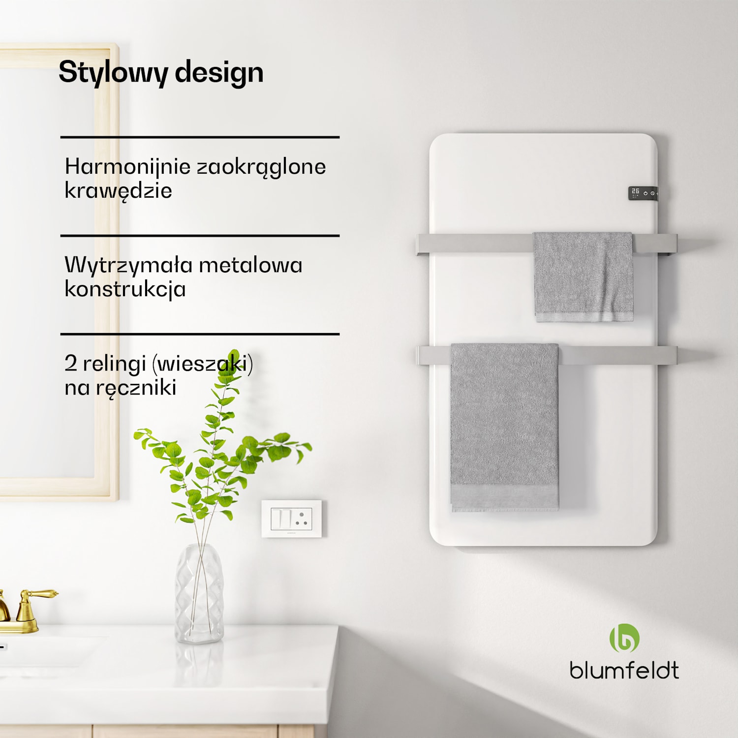 Inteligentny promiennik podczerwieni, ogrzewacz do ręczników, moc 500 W, IP24 Biały