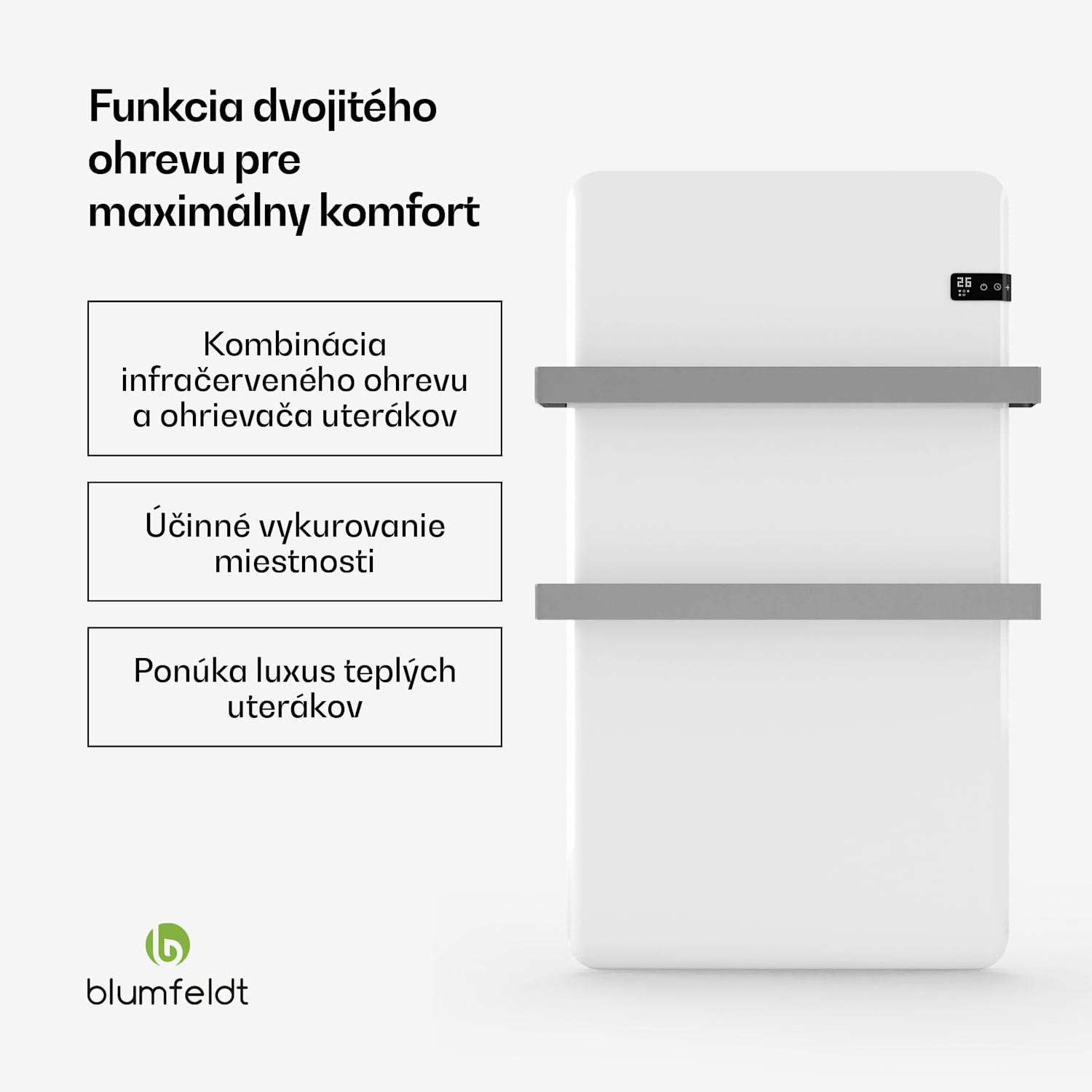 Inteligentný infračervený ohrievač, ohrievač uterákov, výkon 500 W, IP24 Biela