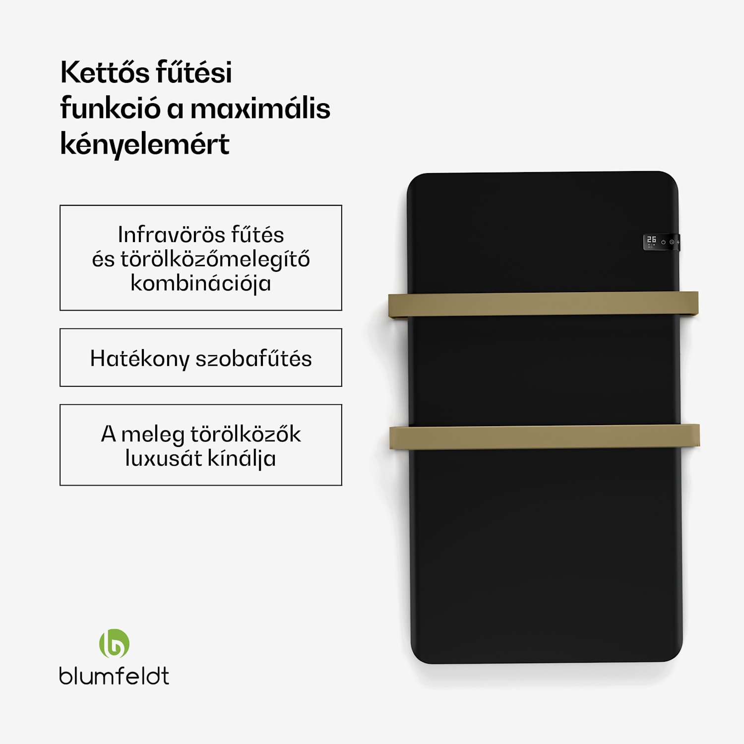 Intelligens infravörös hősugárzó, törölközőmelegítő, 500 W teljesítmény, IP24 Fekete