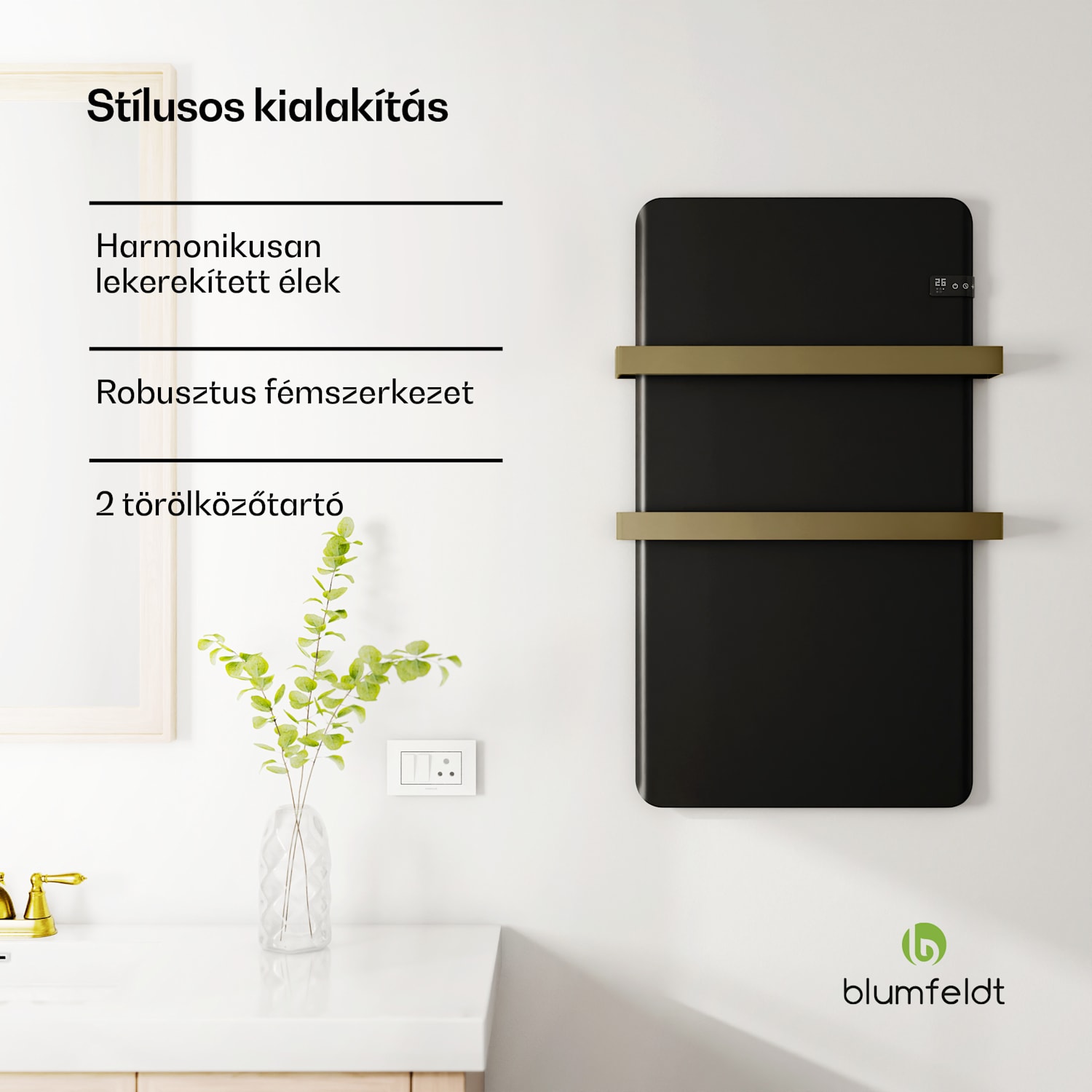 Intelligens infravörös hősugárzó, törölközőmelegítő, 500 W teljesítmény, IP24 Fekete