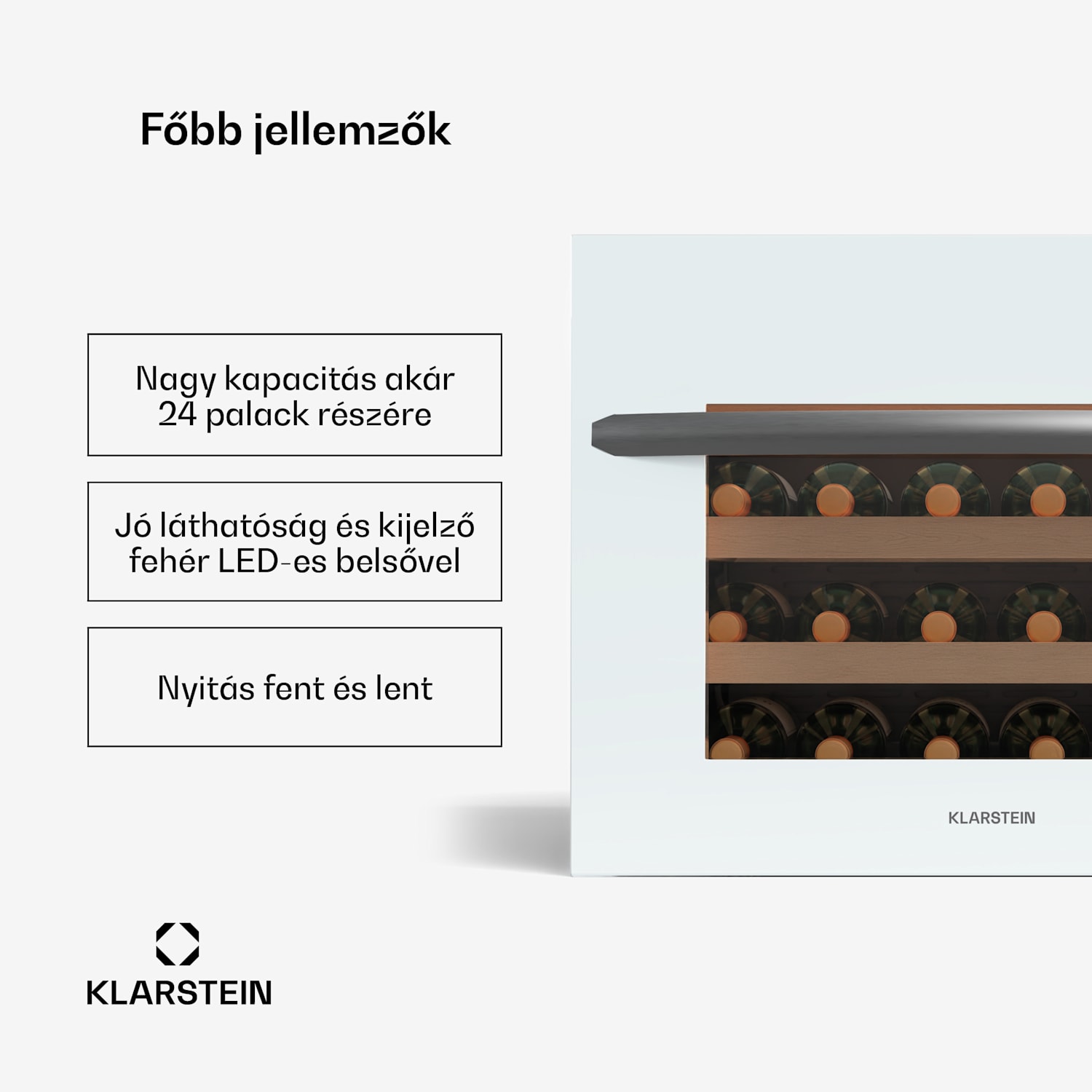 Vinsider 24 Beépített borszekrény Uno, 24 palack, Integrálható, LED, fehér üvegajtó 