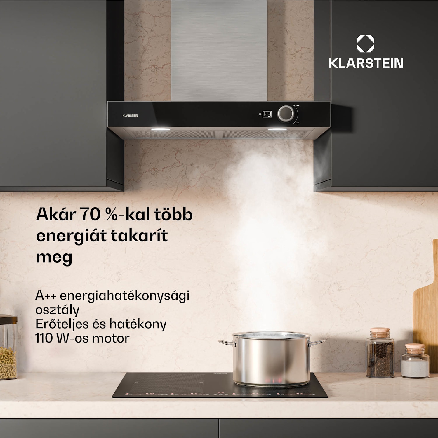 AirNova páraelszívó, légvisszavezetés és elszívás, A++ energiahatékonyság, 110 W, 620 m³/h 60 cm | Rozsdamentes acél