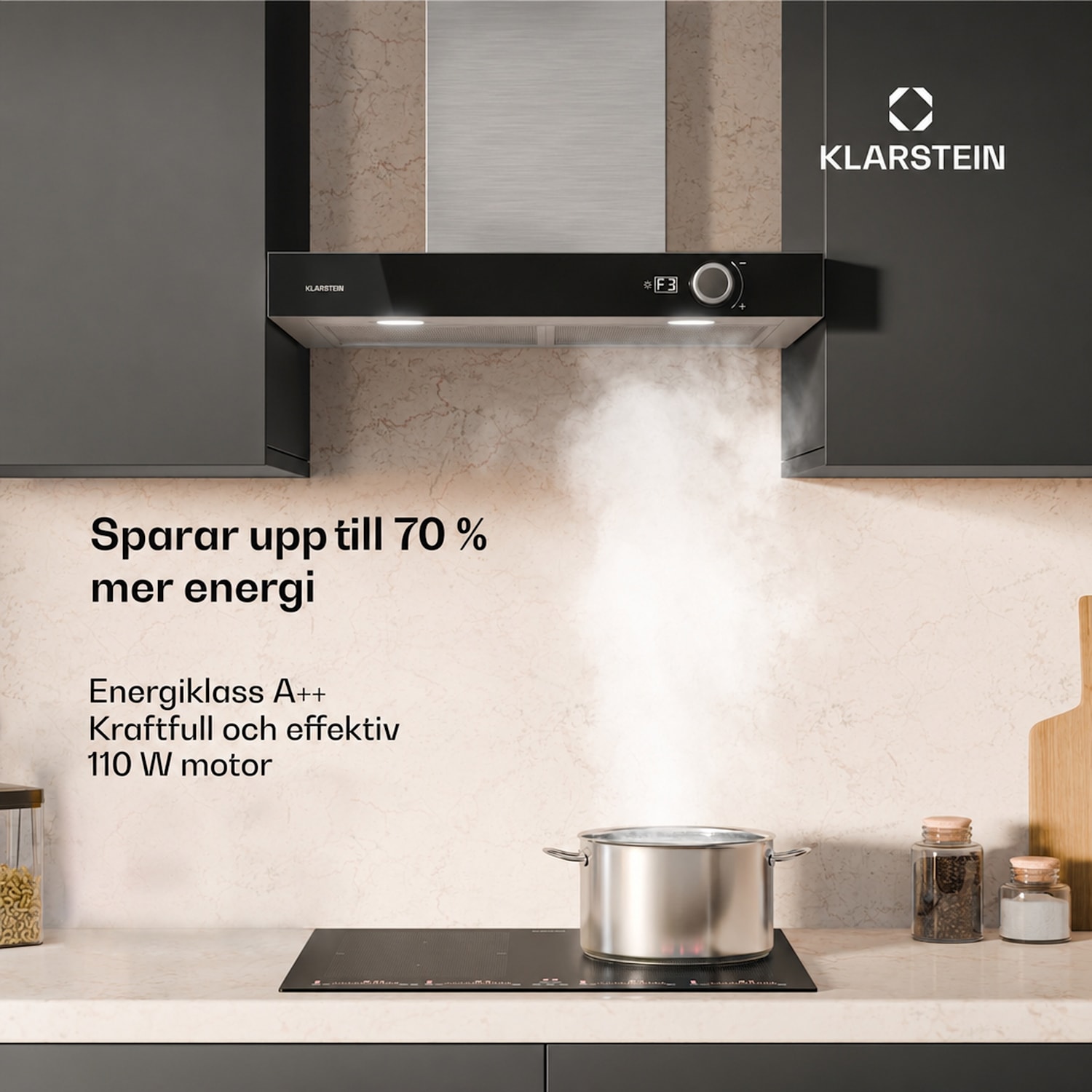 AirNova köksfläkt | Recirkulation och frånluft | Energieffektivitet A++ | 110 W | 614 m³/h 60 cm