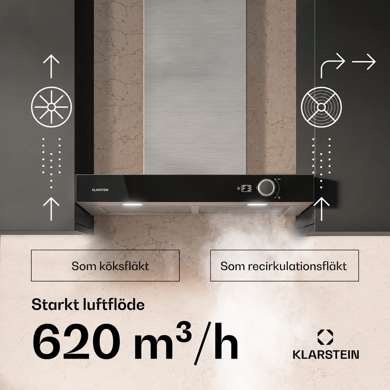 AirNova köksfläkt | Recirkulation och frånluft | Energieffektivitet A++ | 110 W | 614 m³/h 60 cm
