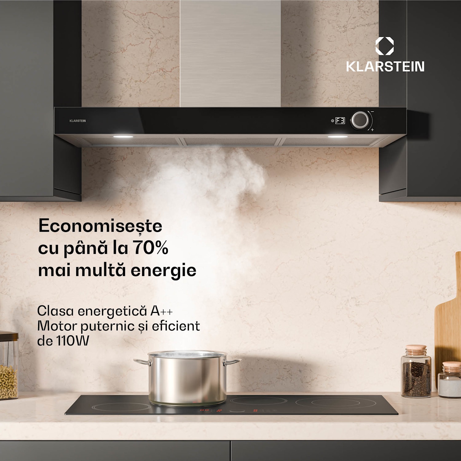 Hota AirNova, recirculare și extracție aer, eficiență energetică A++, 110 W, 620 m³/h 90 cm | Oțel inoxidabil