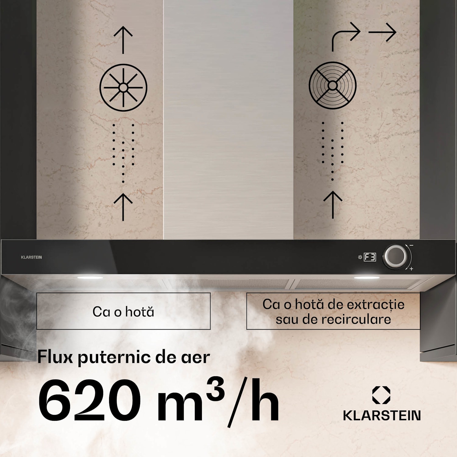 Hota AirNova, recirculare și extracție aer, eficiență energetică A++, 110 W, 620 m³/h 90 cm | Oțel inoxidabil