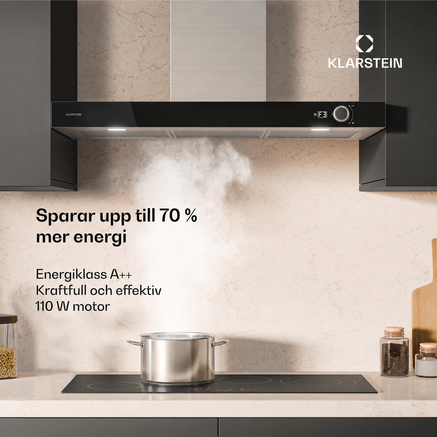 AirNova köksfläkt | Recirkulation och frånluft | Energieffektivitet A++ | 110 W | 628 m³/h 90 cm