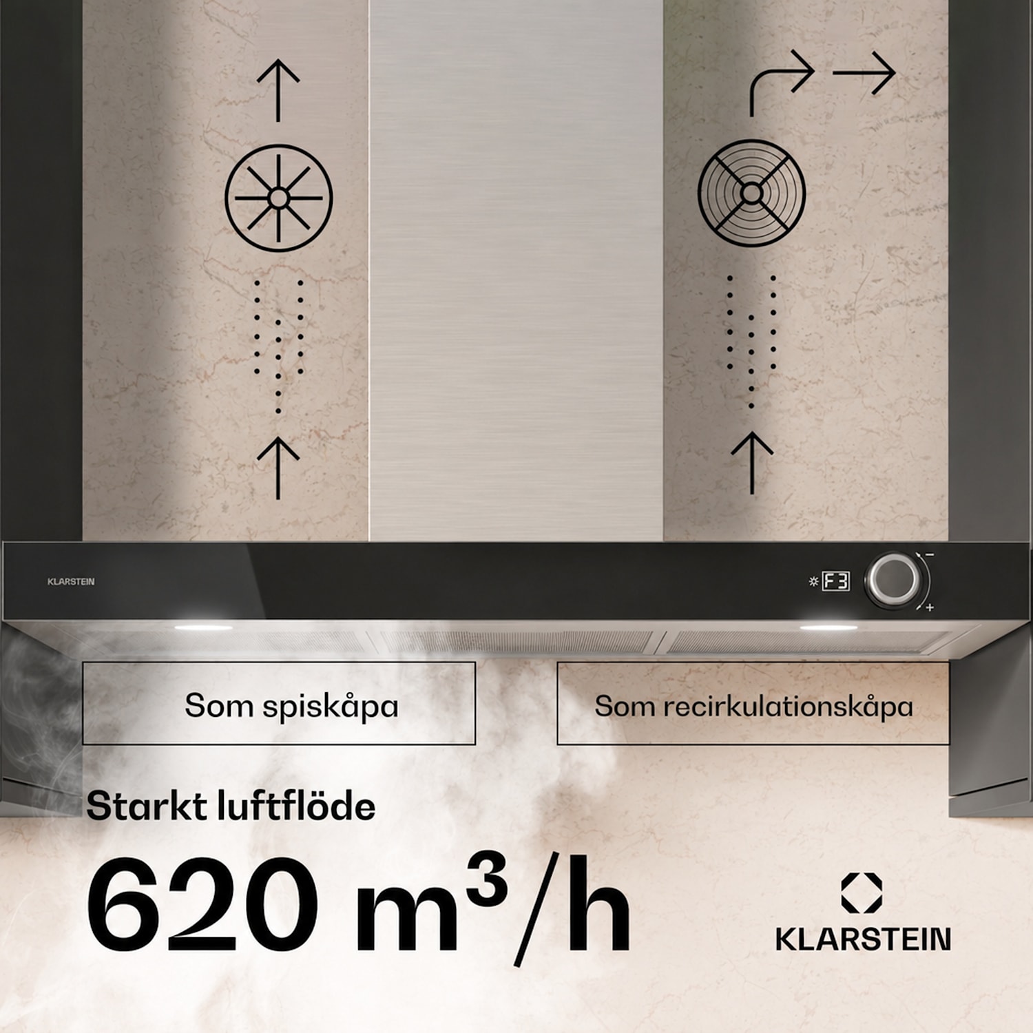 AirNova köksfläkt | Recirkulation och frånluft | Energieffektivitet A++ | 110 W | 628 m³/h 90 cm