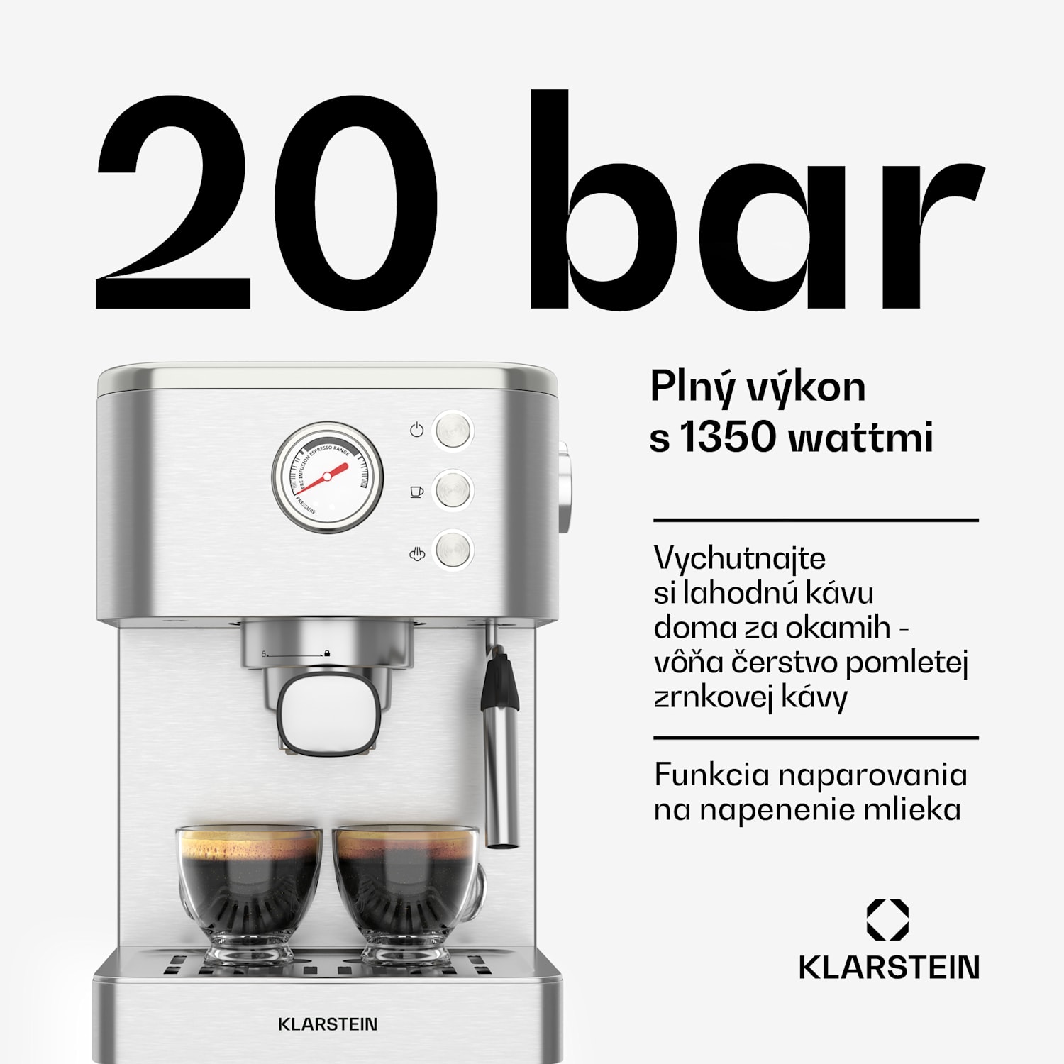 SteelPresso kávovar s portafiltrom, Kompaktný, 20 bar, Naparovač, Ohrievacia platňa kompaktný | Nehrdzavejúca oceľ