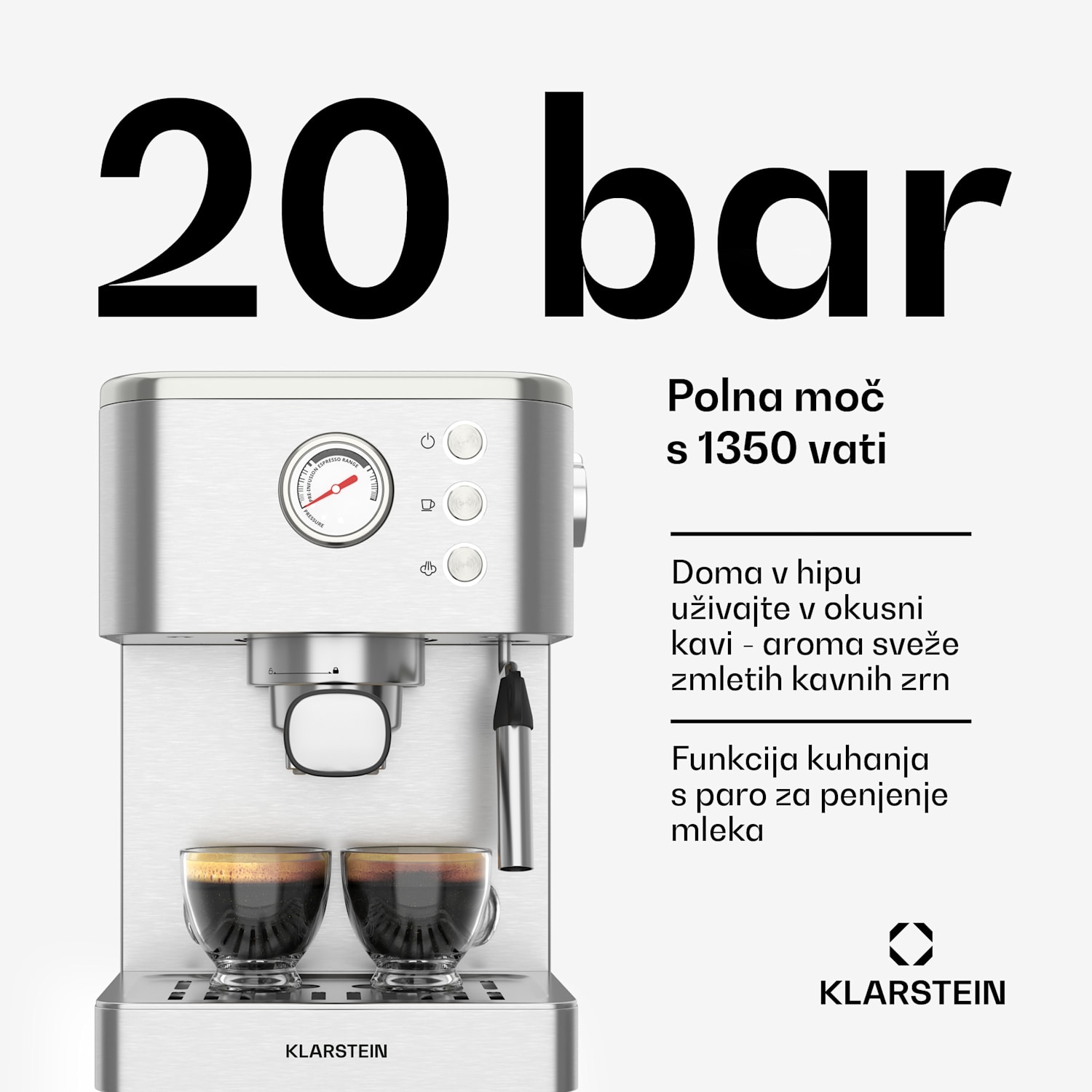 SteelPresso kavni aparat s porta filtrom, Kompakten, 20 barov, Parnik, Grelna plošča kompakten | Nerjaveče jeklo