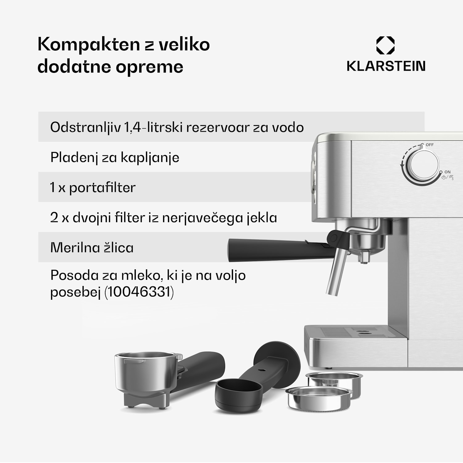 SteelPresso kavni aparat s porta filtrom, Kompakten, 20 barov, Parnik, Grelna plošča kompakten | Nerjaveče jeklo