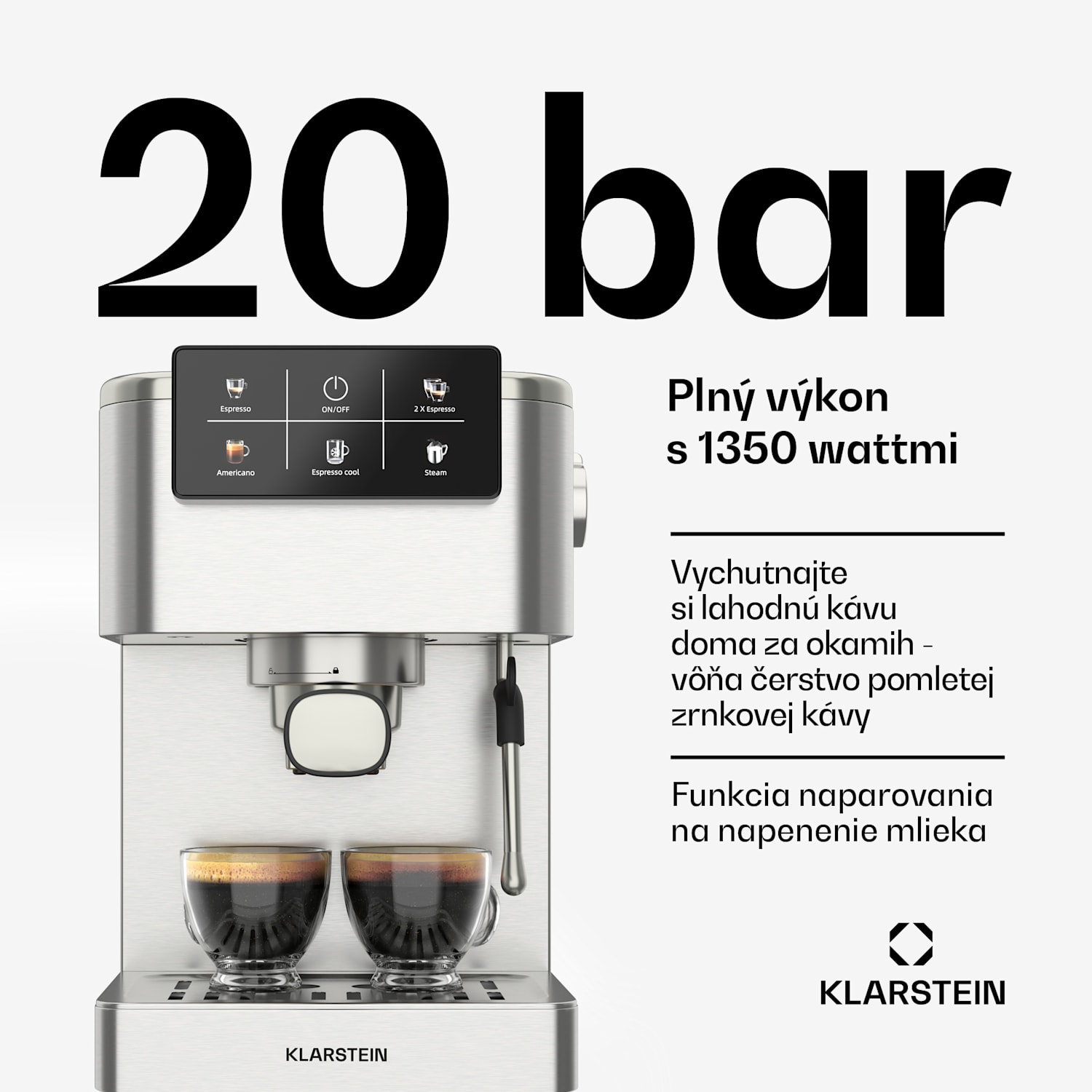 SteelPresso Touch kávovar s portafiltrom, Dotykový displej, 20 bar, Nehrdzavejúca oceľ 