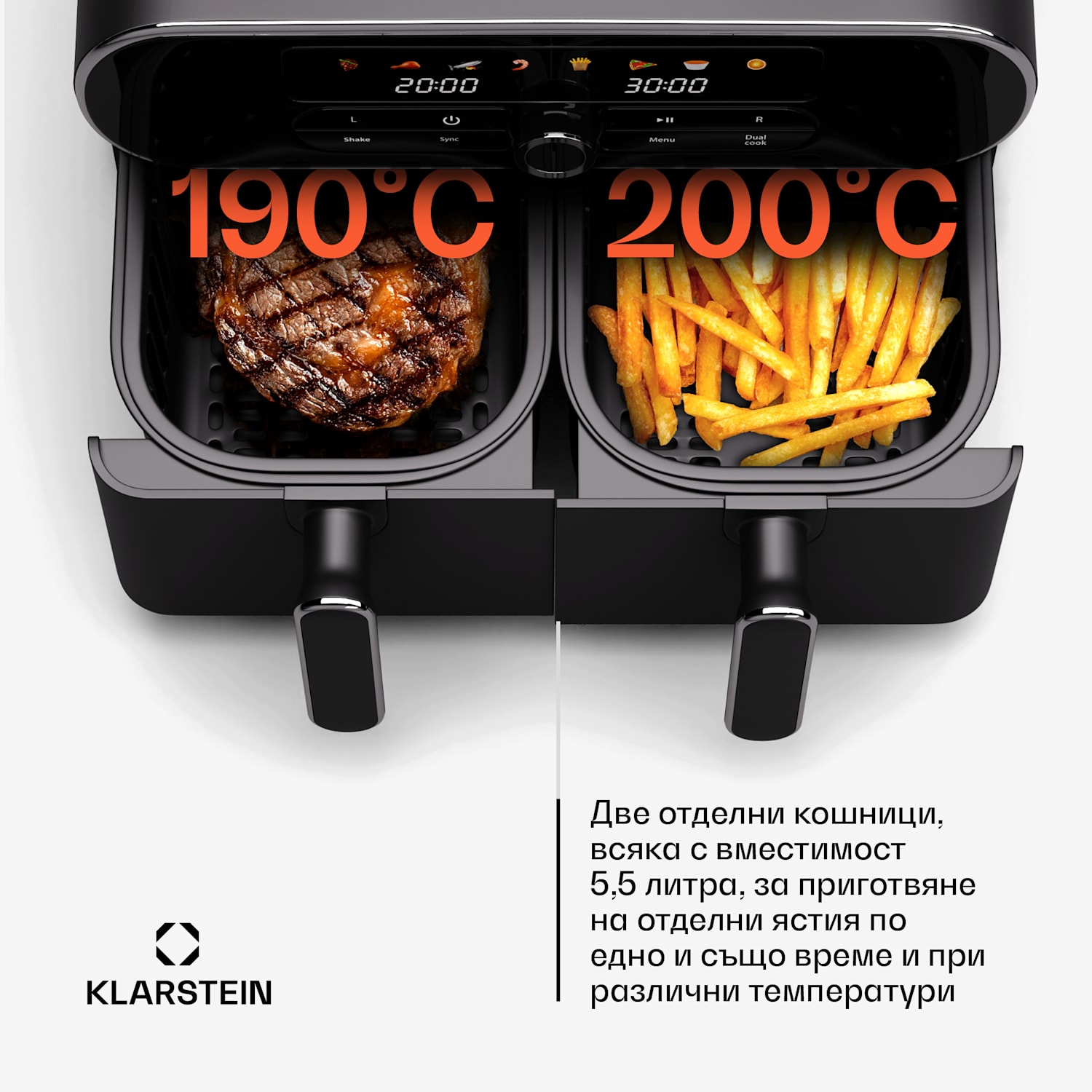 Фритюрник с горещ въздух AuraAir Color Touch, 2 камери, 11 л, 1700 W, 80 - 200 °C, 8 програми Черен / сребърен метален