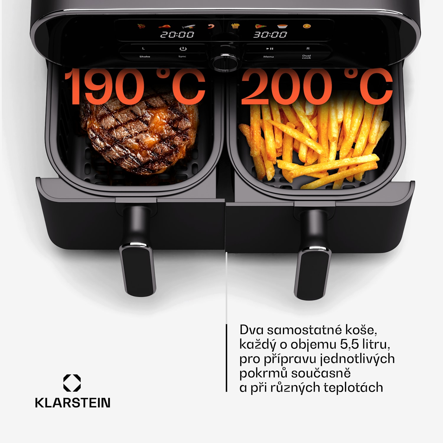 Horkovzdušná fritéza AuraAir Color Touch, 2 komory, 11 l, 1700 W, 80 - 200 °C, 8 programů Černá / Stříbrná metalíza