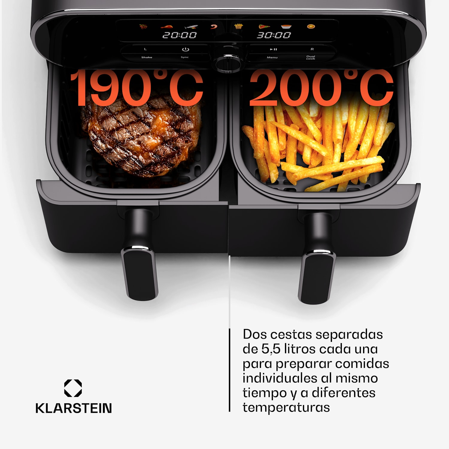 Freidora de aire caliente AuraAir Color Touch | 2 compartimentos | 11 L | 1700 W | 80 - 200 °C | 8 programas Negro / Plata Metálica