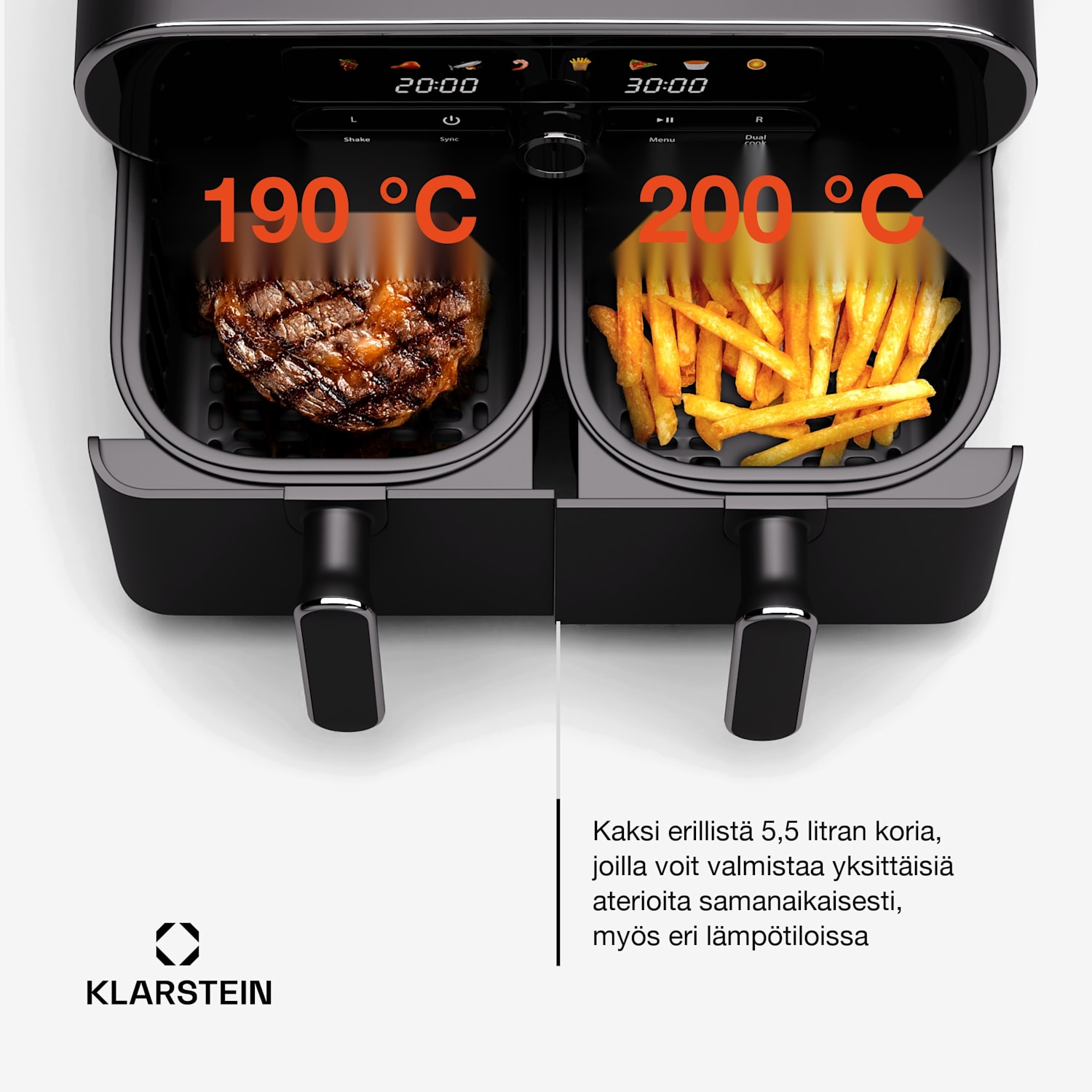 AuraAir Color Touch -kuumailmakeitin | 2 lokeroa | 10 l | 1700 W | 80–200 °C | 8 ohjelmaa Musta / Hopea Metallinen