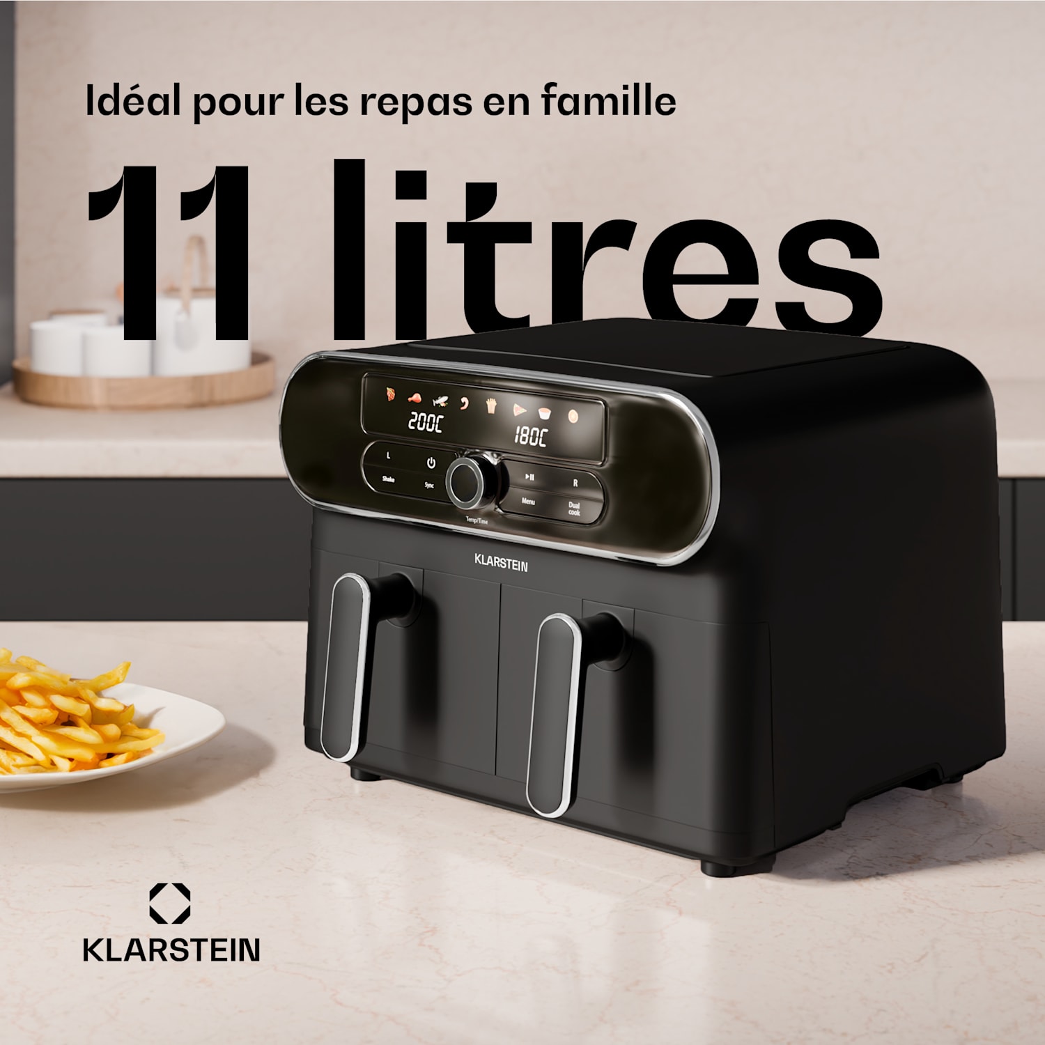 AuraAir Color Touch heteluchtfriteuse | 2 compartimenten | 11 L | 1700 W | 80 - 200 °C | 8 programma's Zwart / Zilver Metallic