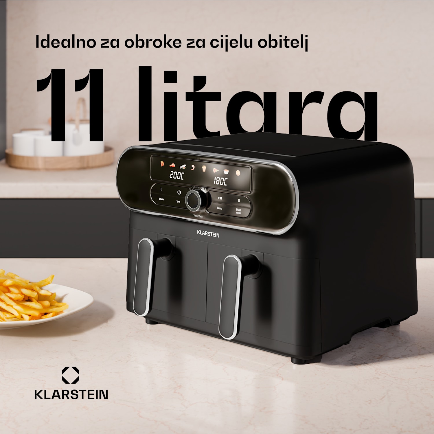 AuraAir Color Touch friteza na vrući zrak, 2 komore, 11 l, 1700 W, 80 - 200 °C, 8 programa Crna / srebrna metalik