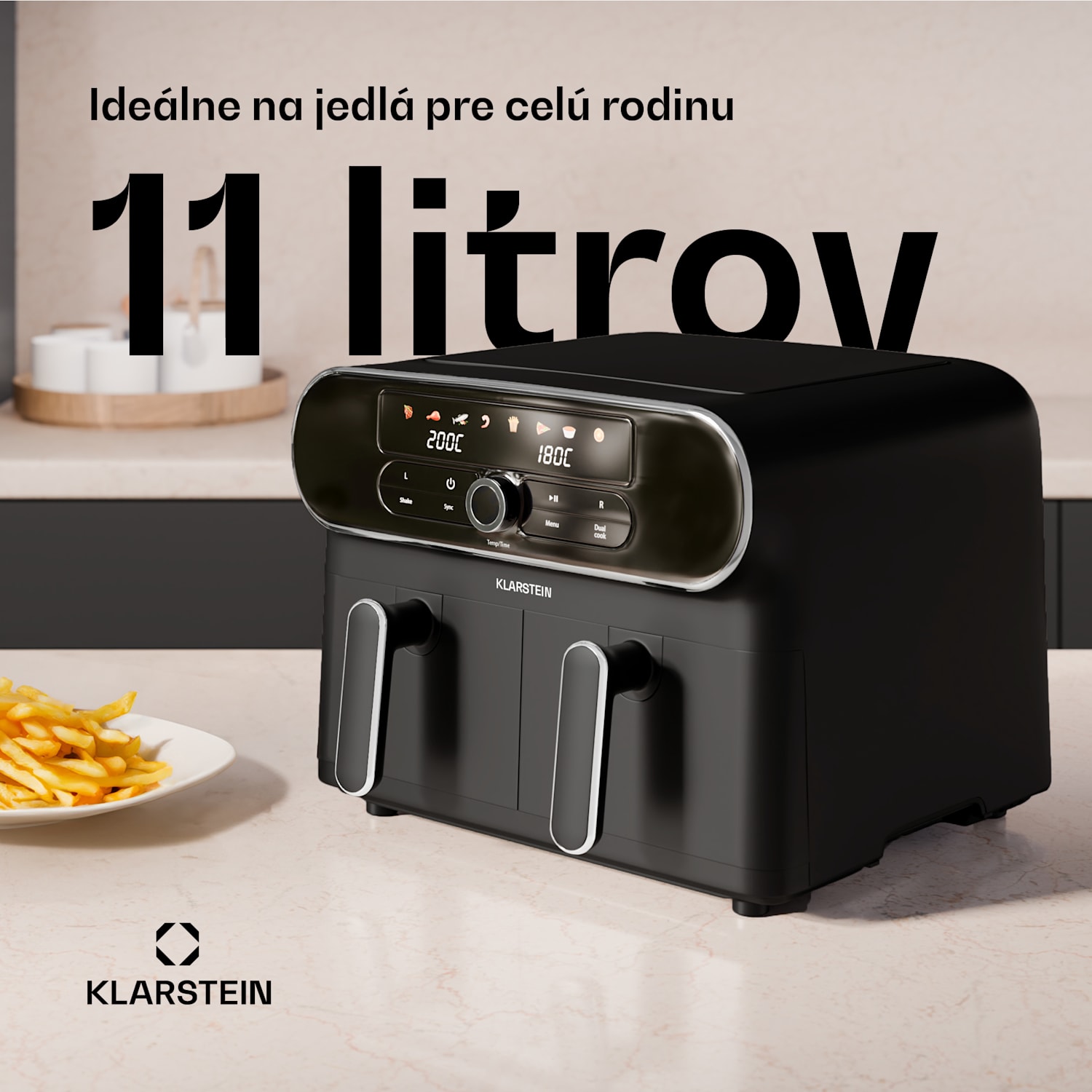 AuraAir Color Touch teplovzdušná fritéza, 2 komory, 11 l, 1700 W, 80 - 200 °C, 8 programov Čierna / Strieborná metalíza