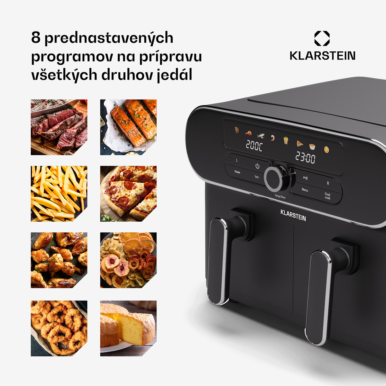 AuraAir Color Touch teplovzdušná fritéza, 2 komory, 11 l, 1700 W, 80 - 200 °C, 8 programov Čierna / Strieborná metalíza