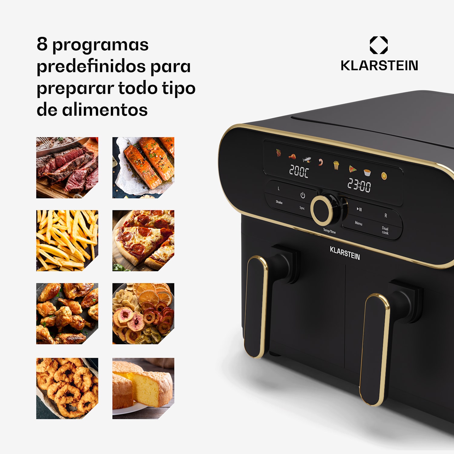 Freidora de aire caliente AuraAir Color Touch | 2 compartimentos | 11 L | 1700 W | 80 - 200 °C | 8 programas Negro / Oro Antiguo Metálico