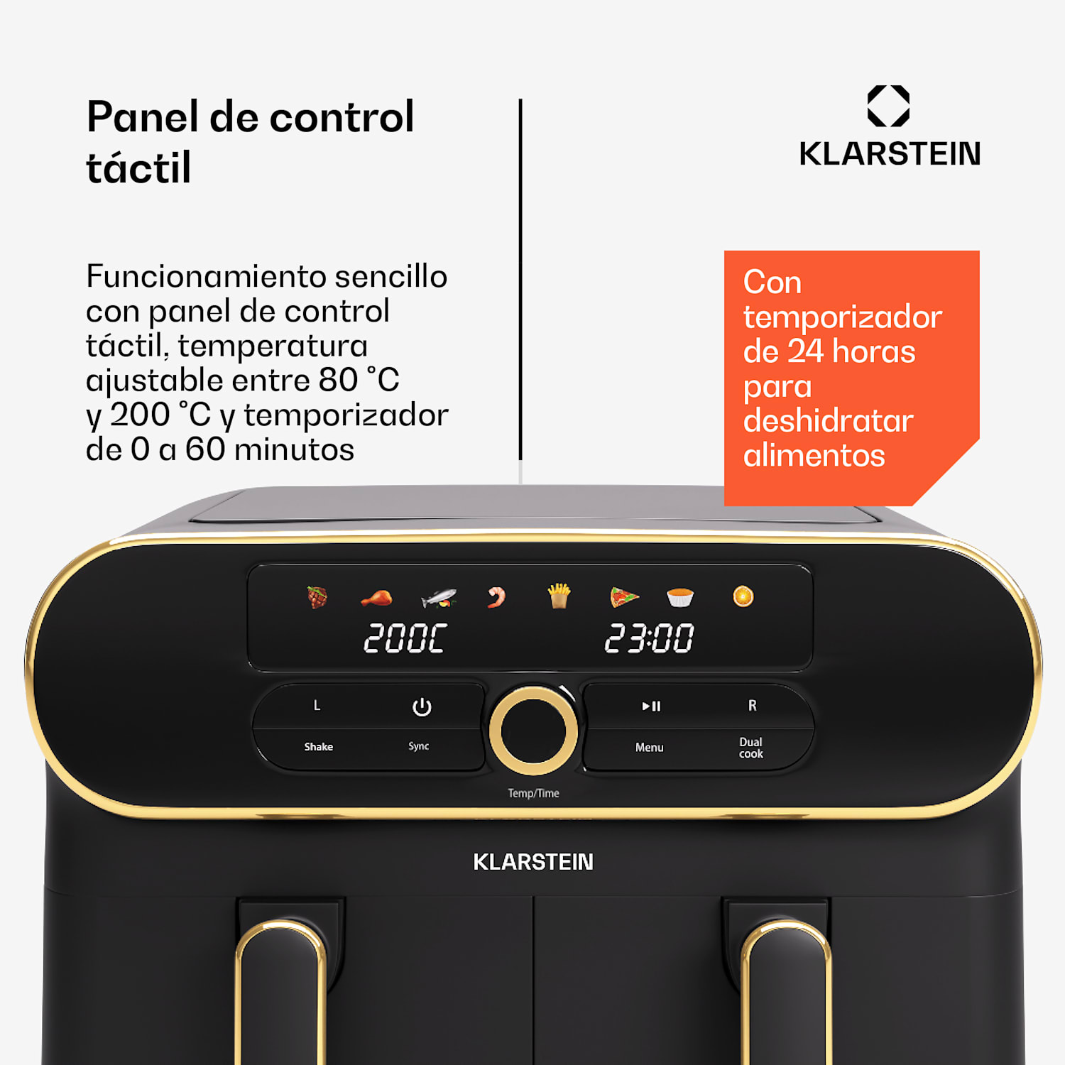 Freidora de aire caliente AuraAir Color Touch | 2 compartimentos | 11 L | 1700 W | 80 - 200 °C | 8 programas Negro / Oro Antiguo Metálico