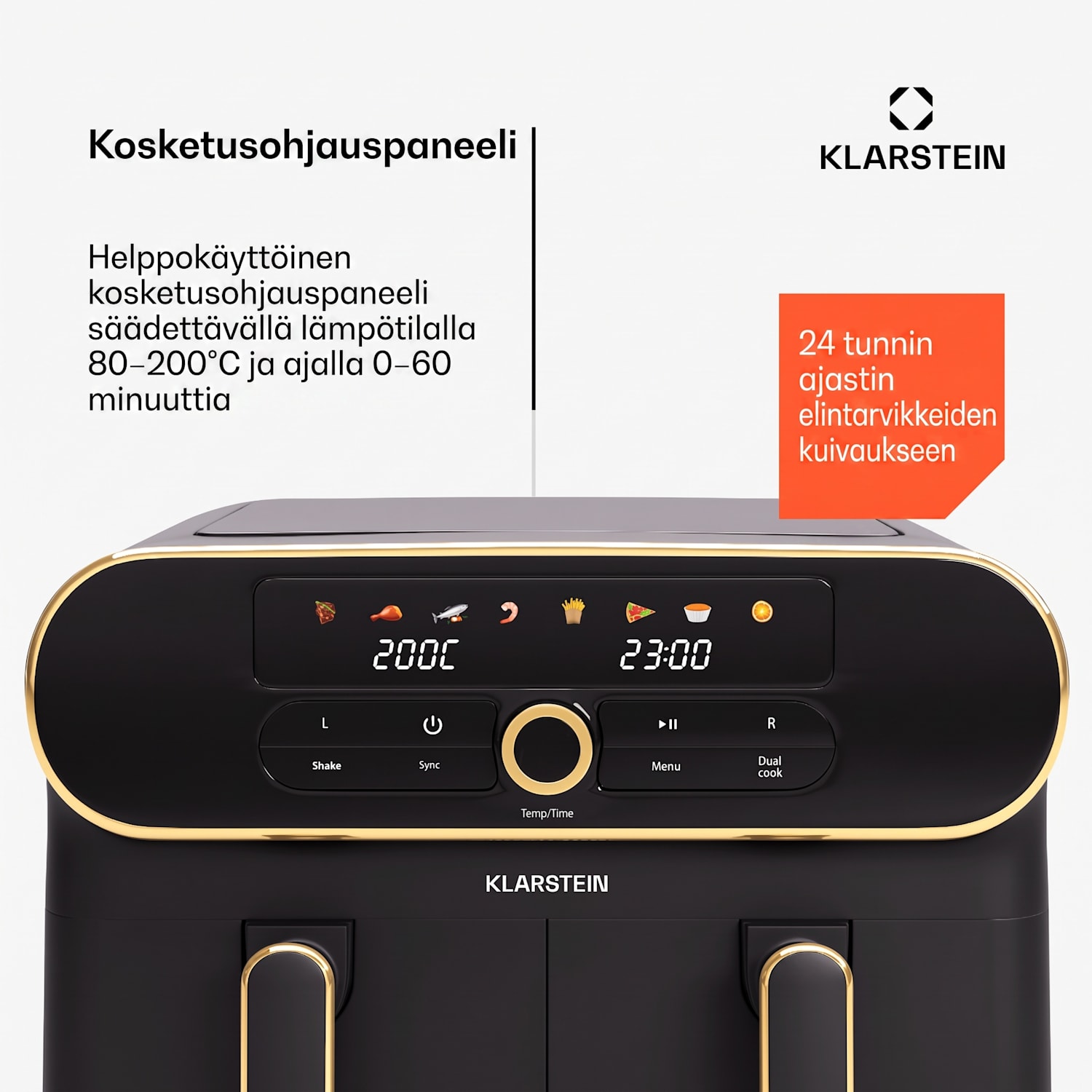 AuraAir Color Touch -kuumailmakeitin | 2 lokeroa | 10 l | 1700 W | 80–200 °C | 8 ohjelmaa Musta / Antiikki Kulta Metallinen