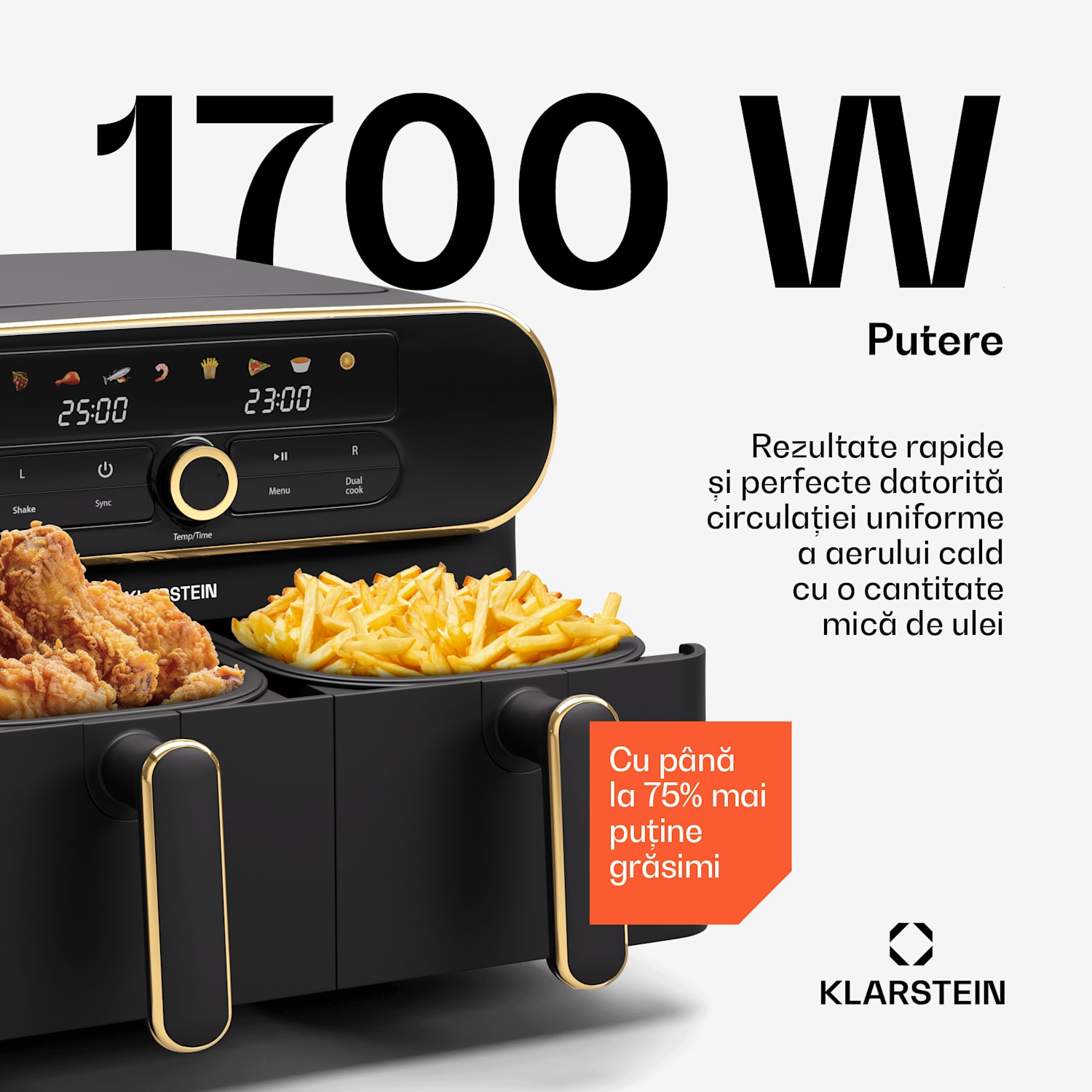 Friteuză cu aer cald AuraAir Color Touch, 2 camere, 11 l, 1700 W, 80 - 200 °C, 8 programe Negru / Aur antic Metalic