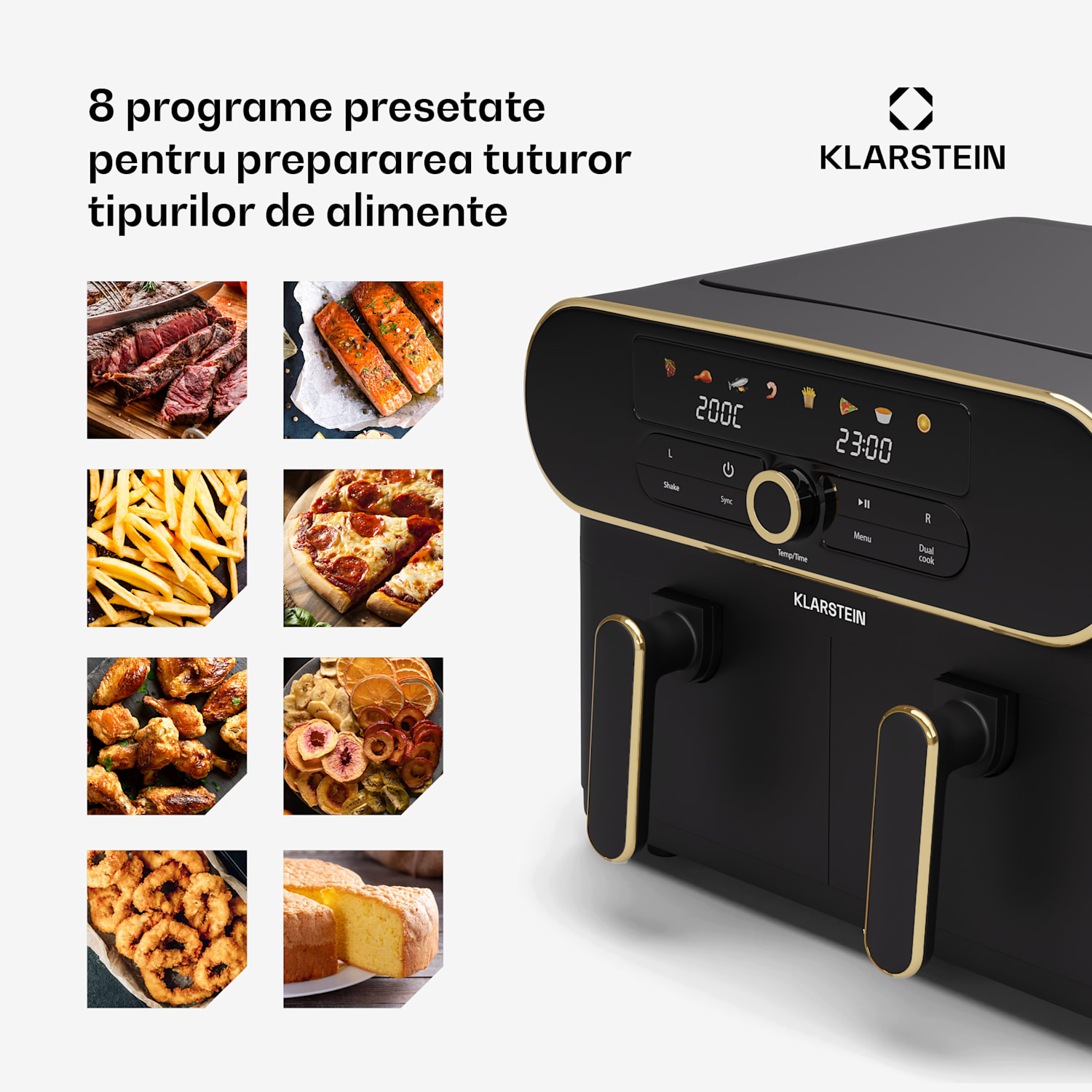 Friteuză cu aer cald AuraAir Color Touch, 2 camere, 11 l, 1700 W, 80 - 200 °C, 8 programe Negru / Aur antic Metalic