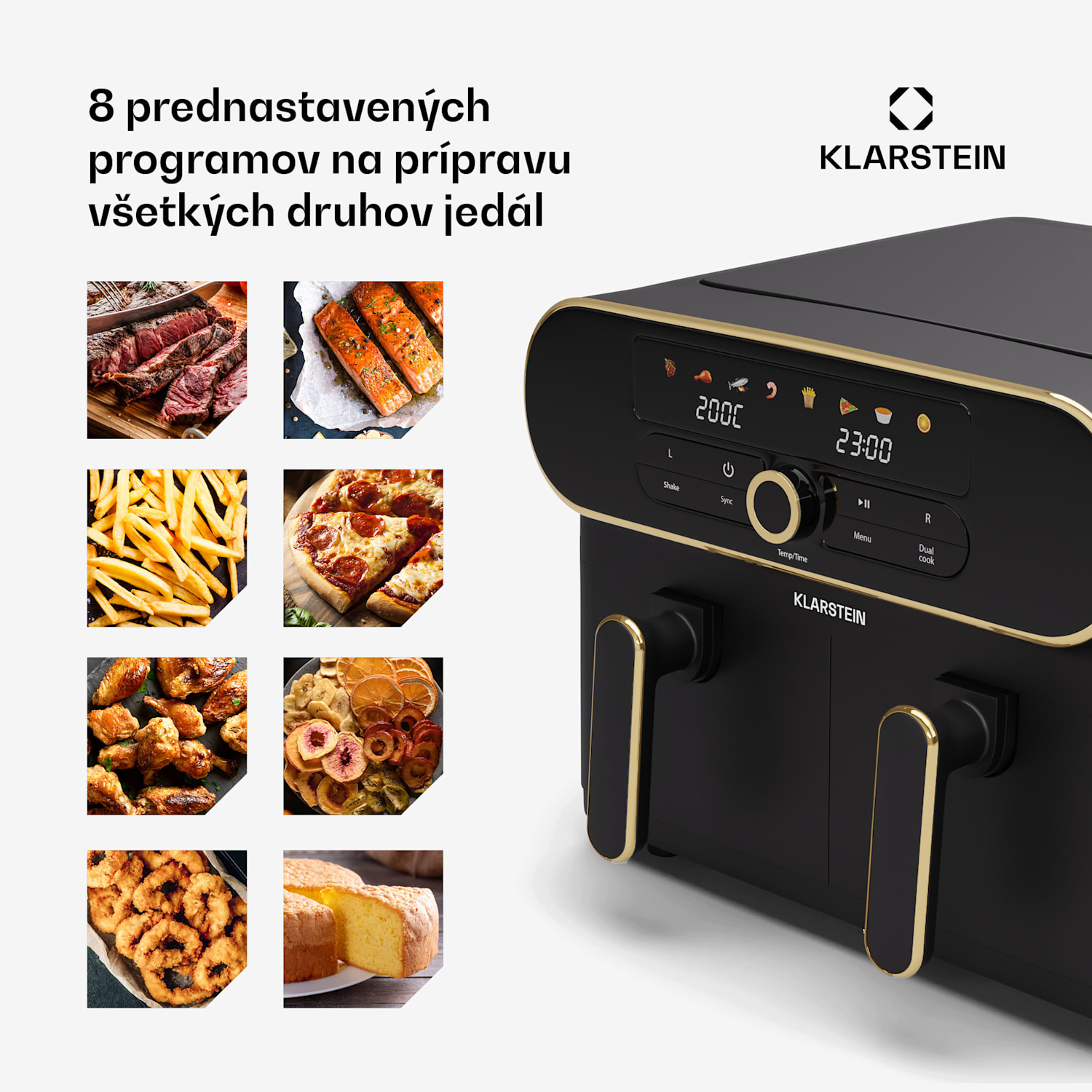 AuraAir Color Touch teplovzdušná fritéza, 2 komory, 11 l, 1700 W, 80 - 200 °C, 8 programov Čierna / Starožitná zlatá metalíza
