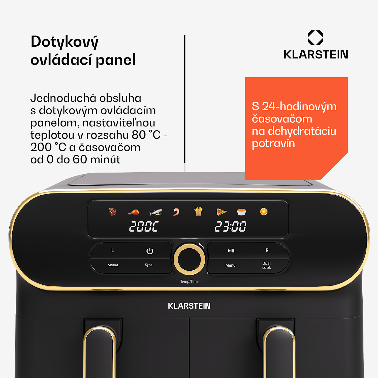 AuraAir Color Touch teplovzdušná fritéza, 2 komory, 11 l, 1700 W, 80 - 200 °C, 8 programov Čierna / Starožitná zlatá metalíza