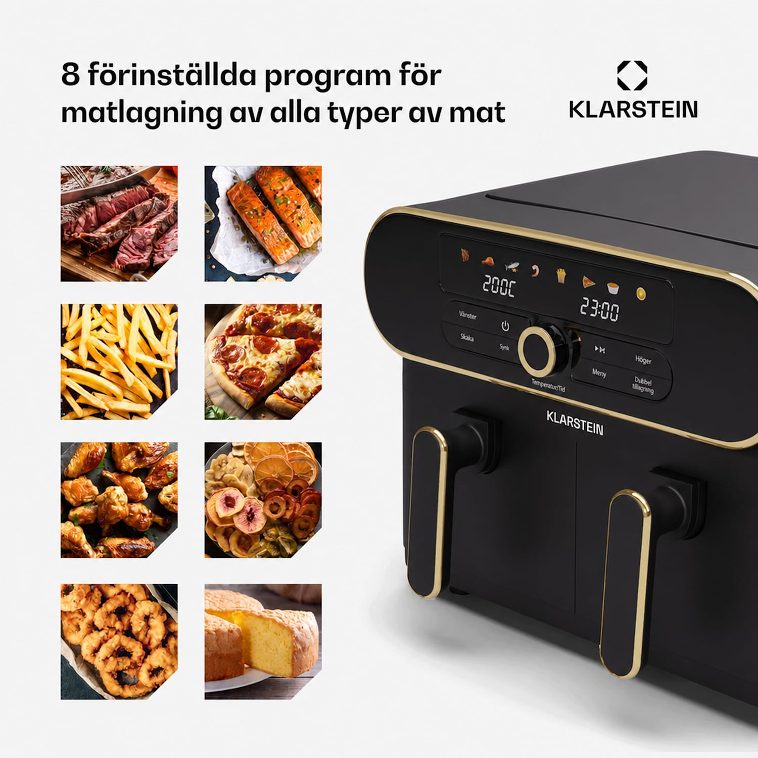 AuraAir Color Touch varmluftsfritös | 2 fack | 10 l | 1700 W | 80 - 200 °C | 8 program Svart / Antik Guld Metallic